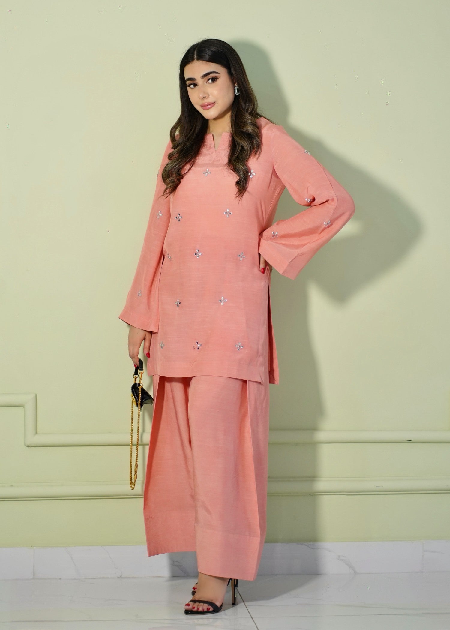 thai silk Kurta Set in Coral pink
