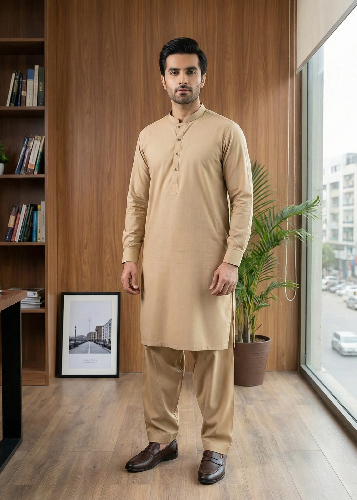 wash & wear Shalwar Kameez in Camel brown by Dot N Dot