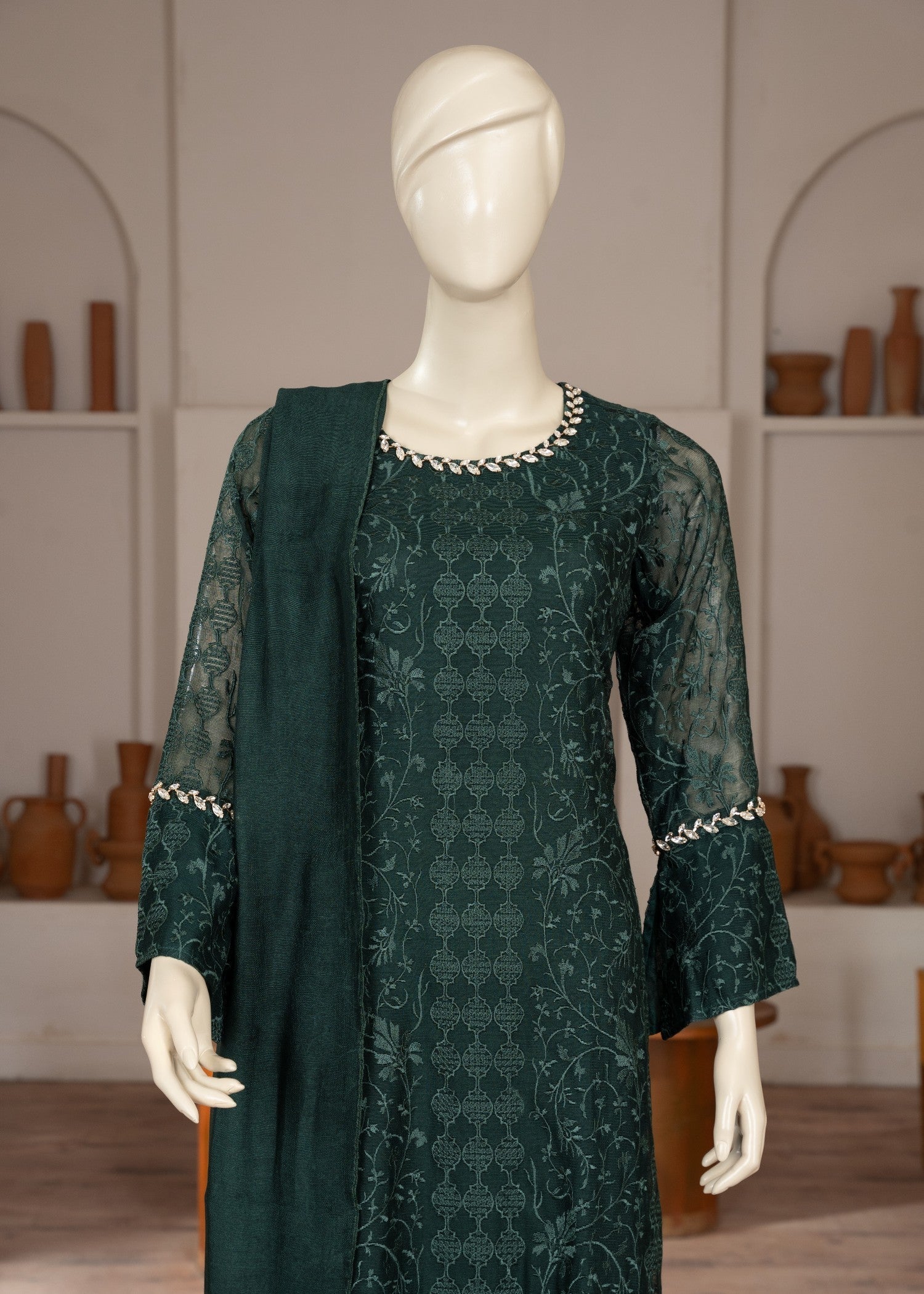 cotton net Kurta Set in Dark green