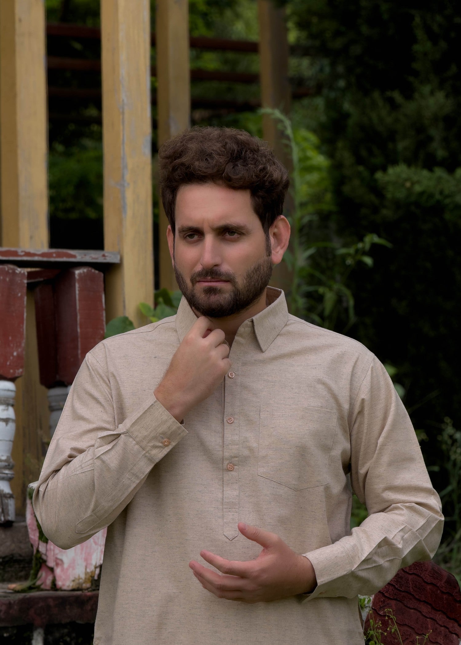 blended karandi Shalwar Kameez in Beige