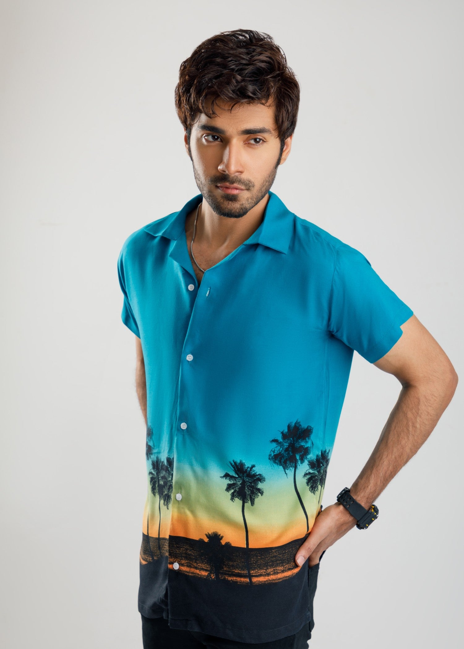 linen Casual Shirt in Black, turquoise