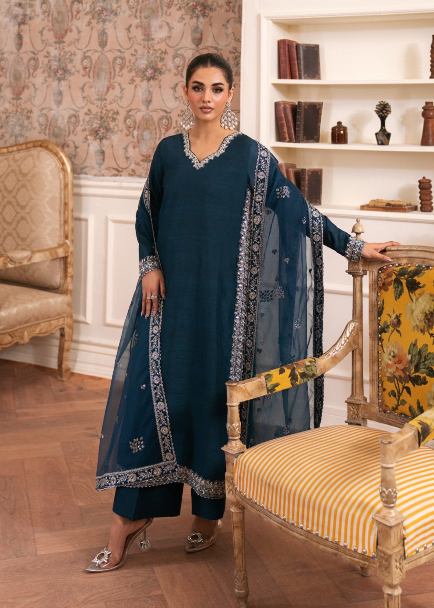 korean raw silk Kurta Set in Steel teal
