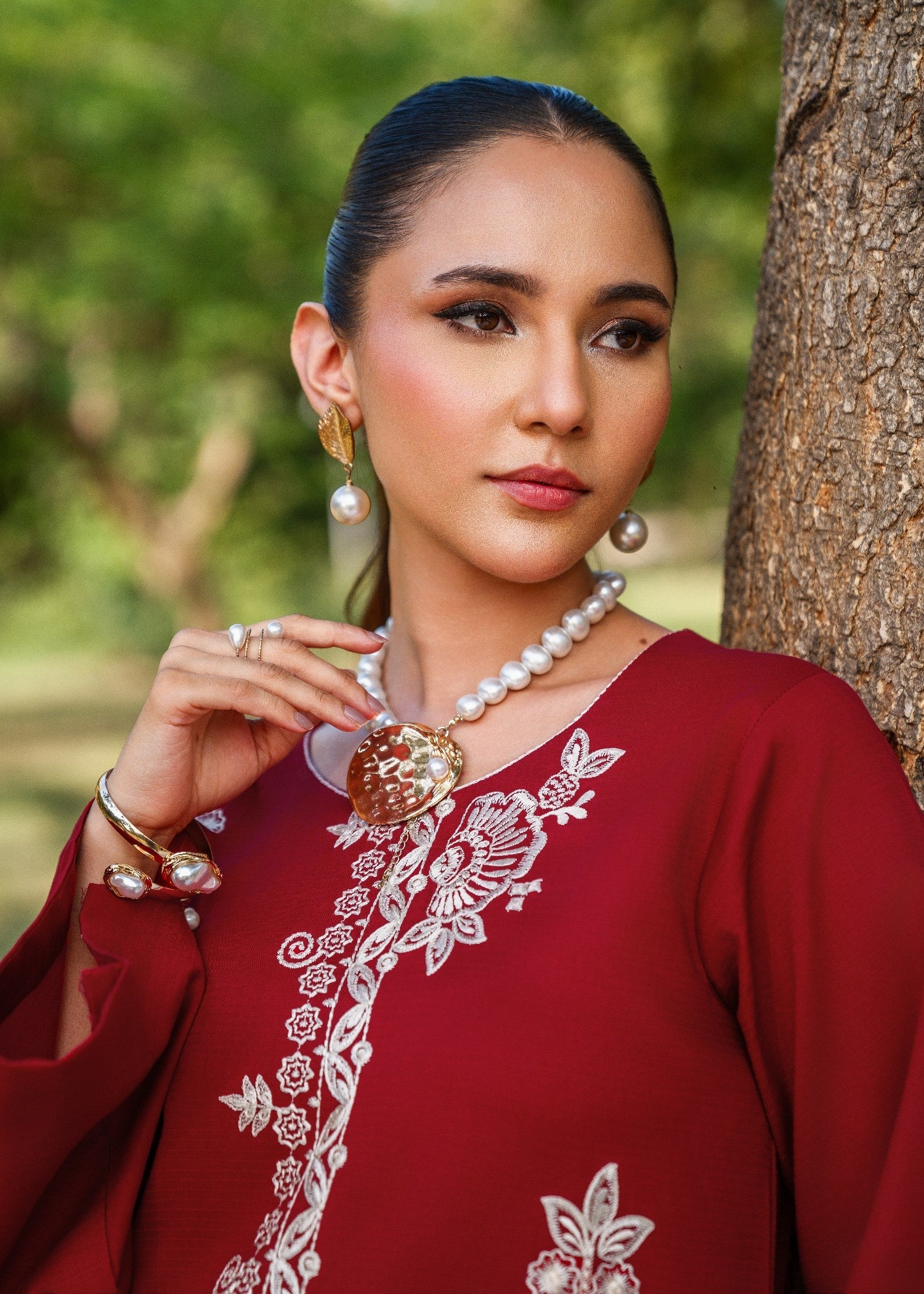 textured lawn Kurta Set in Carmine