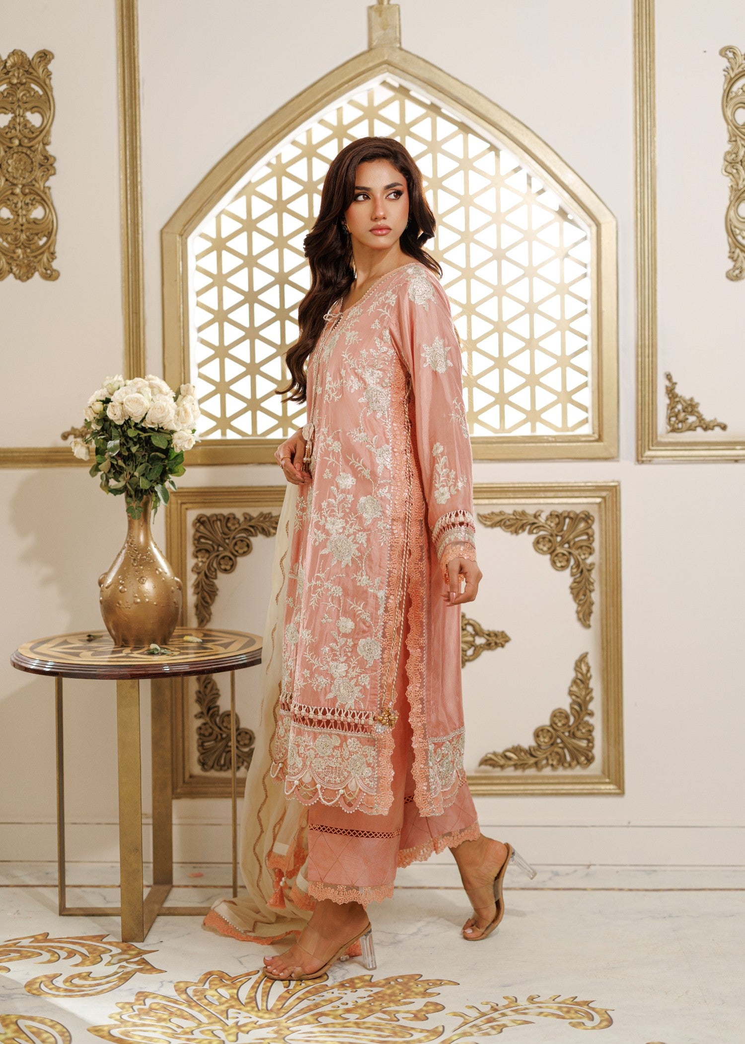 raw silk Unstitched in Peach pink