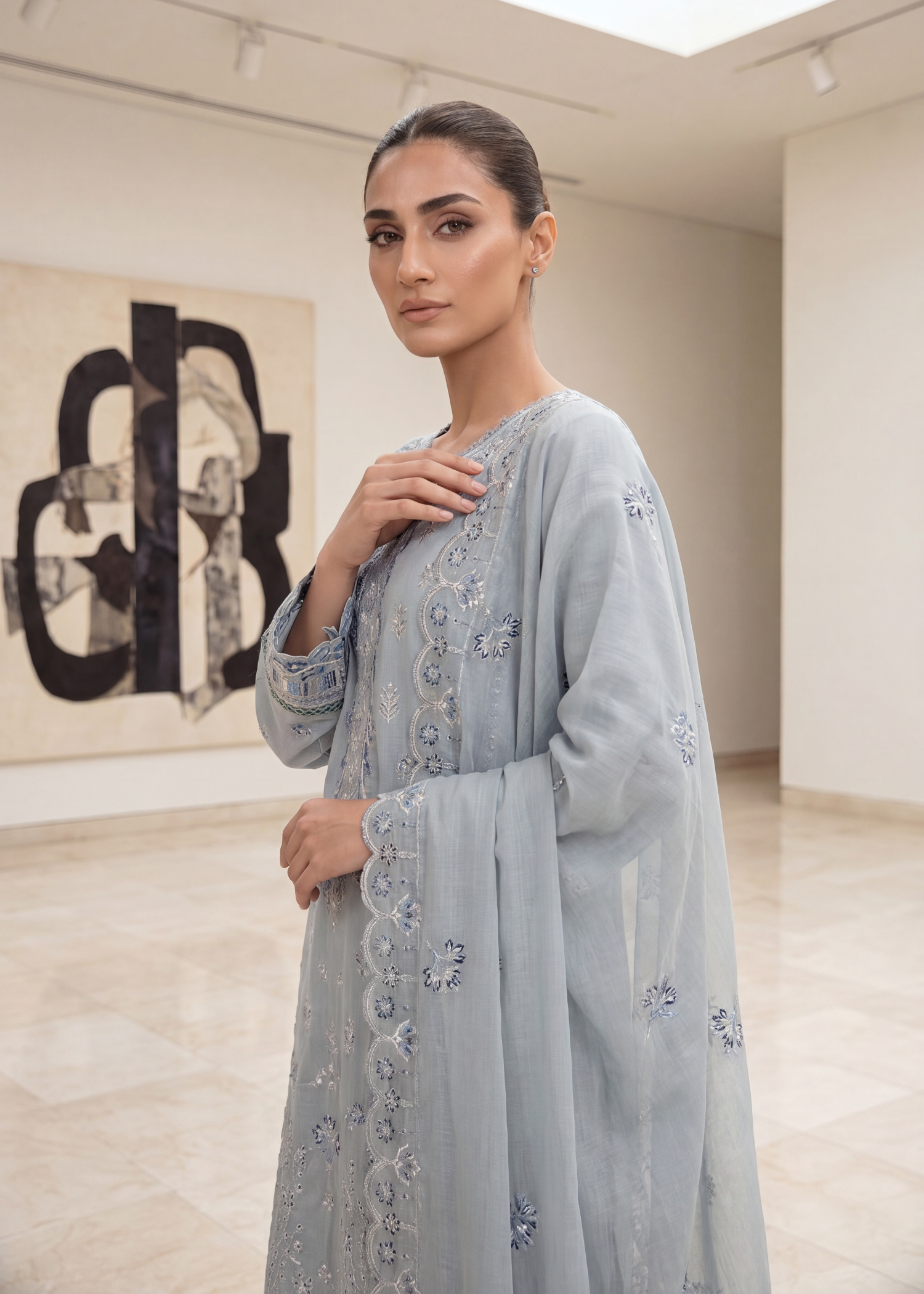 slub lawn Kurta Set in Steal grey