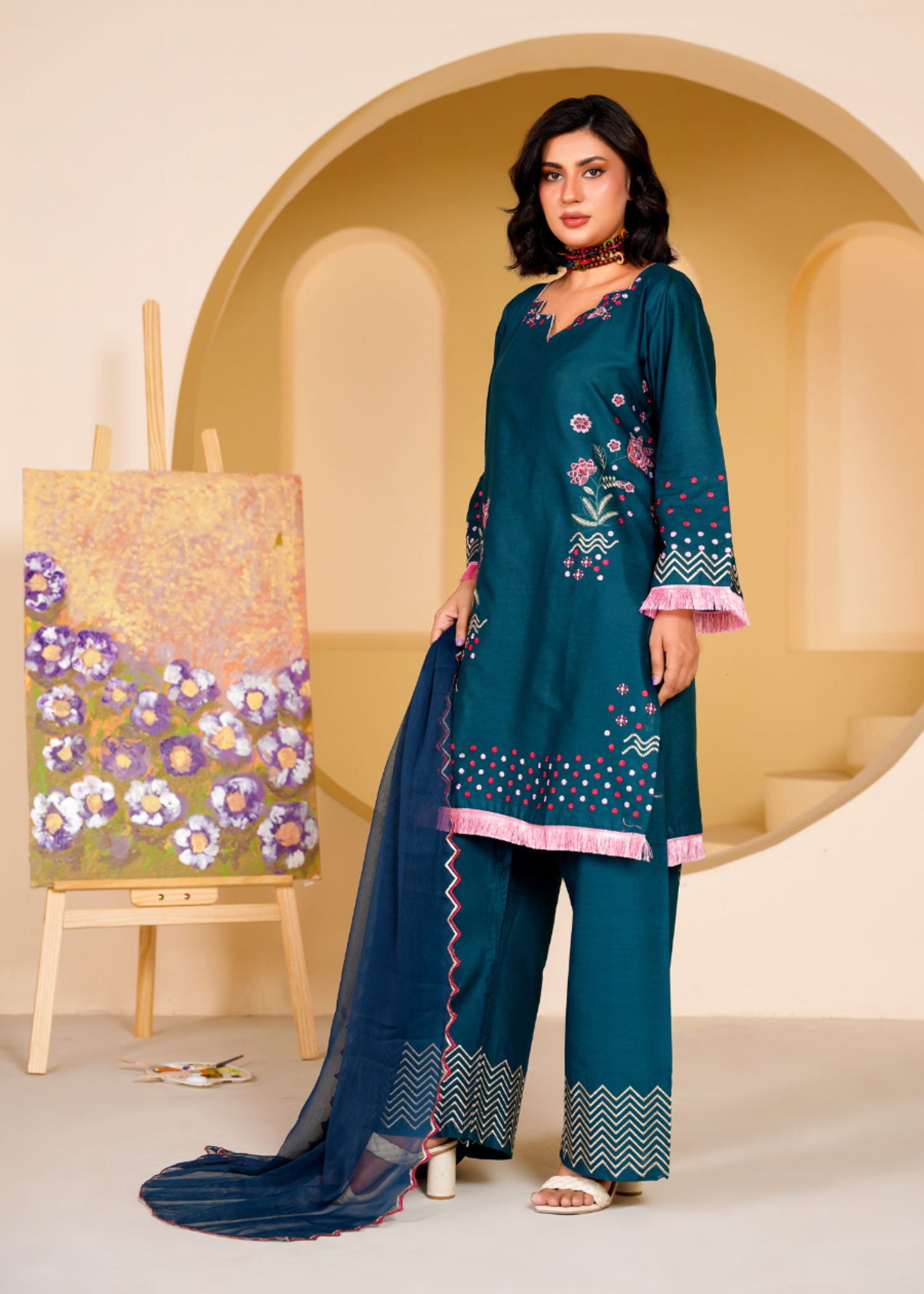 lawn cotton Kurta Set in Steel blue