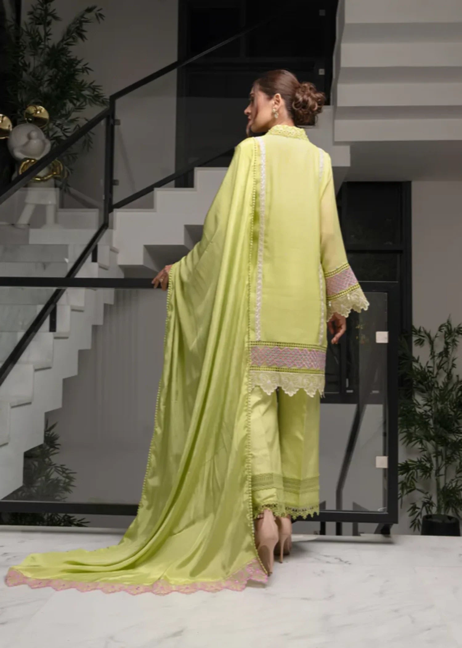 khaddi net Kurta Set in Lime green