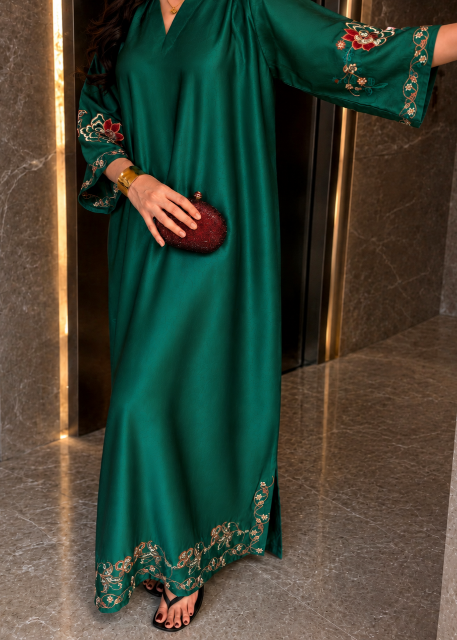 satin silk Kaftan in Emerald green