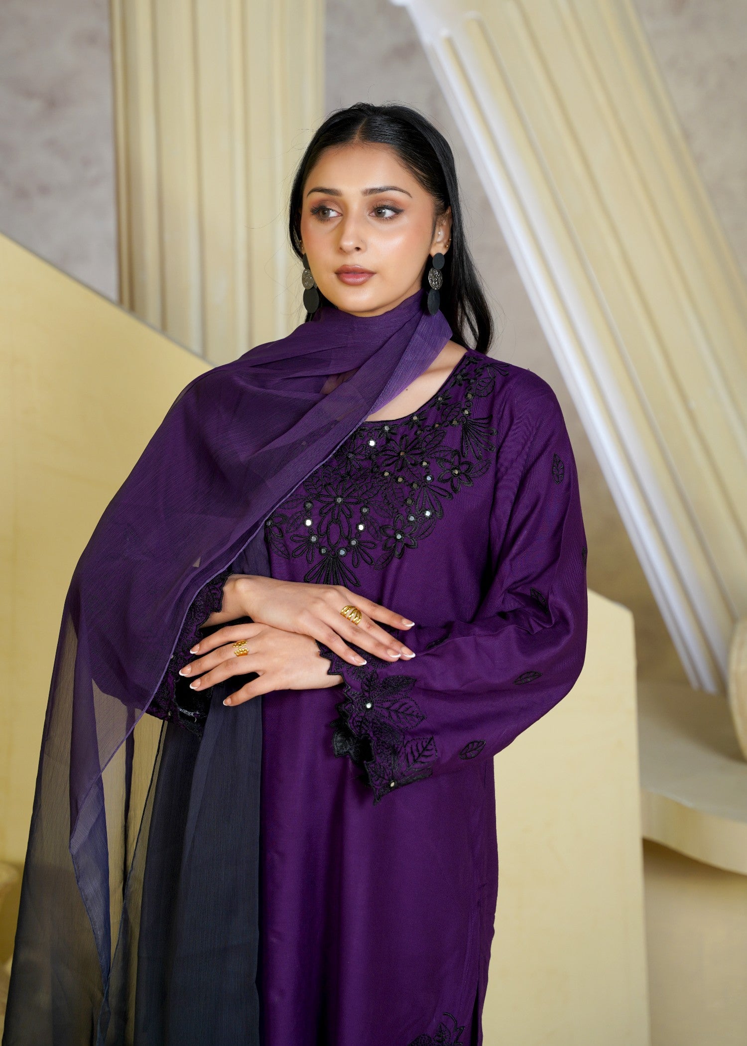 linen chambray Kurta Set in Royal amethyst