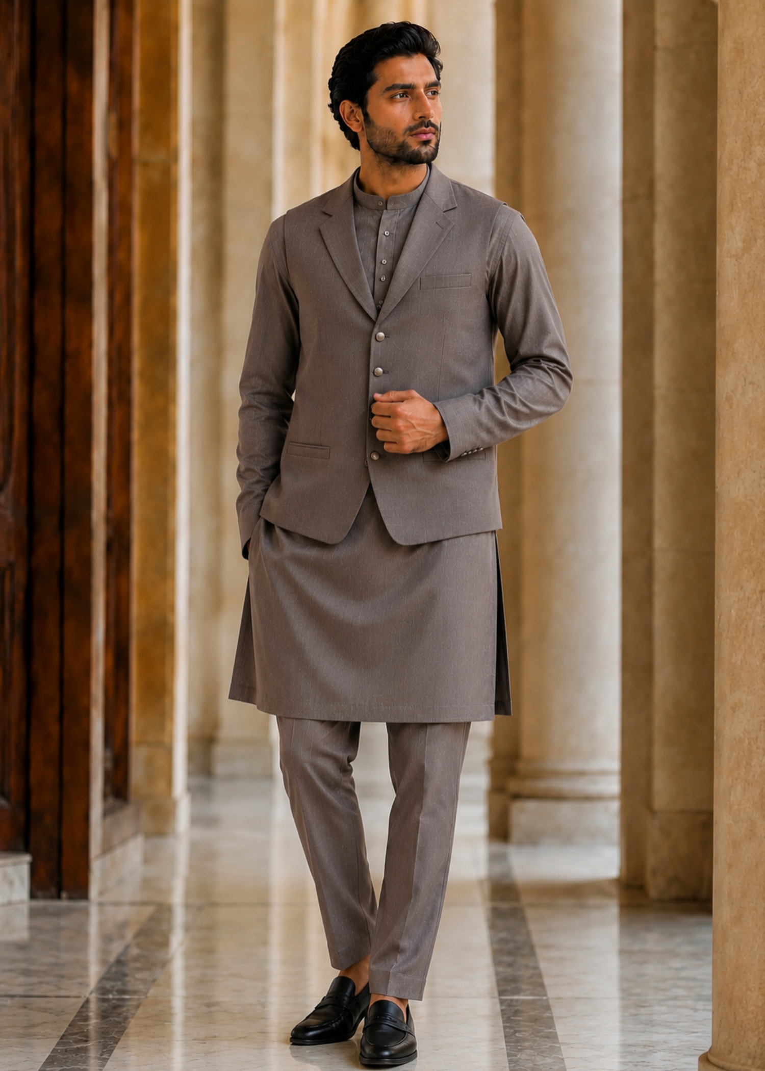 textured wash & wear Waistcoat in Coffee brown