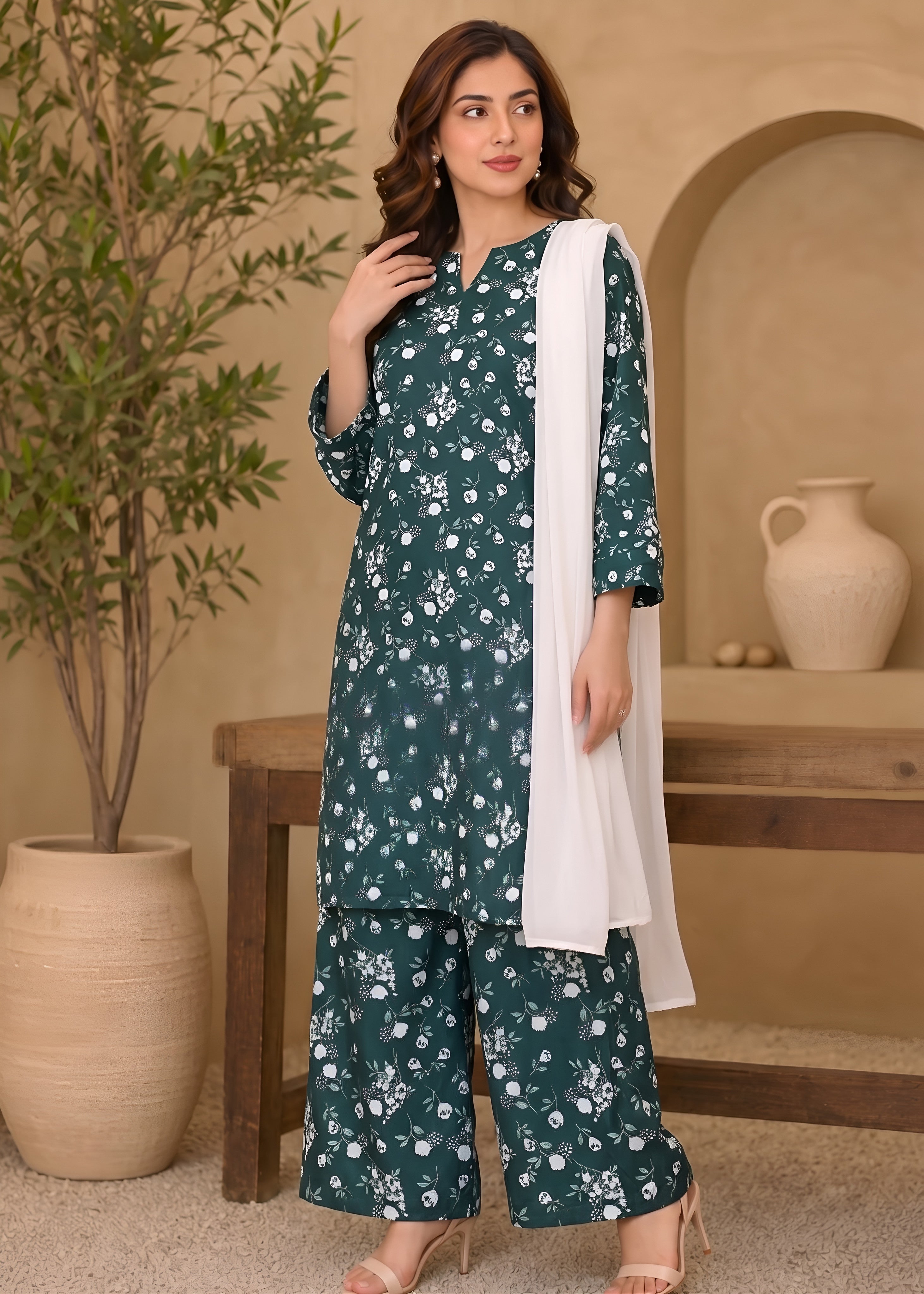 linen Kurta Set in Pine green