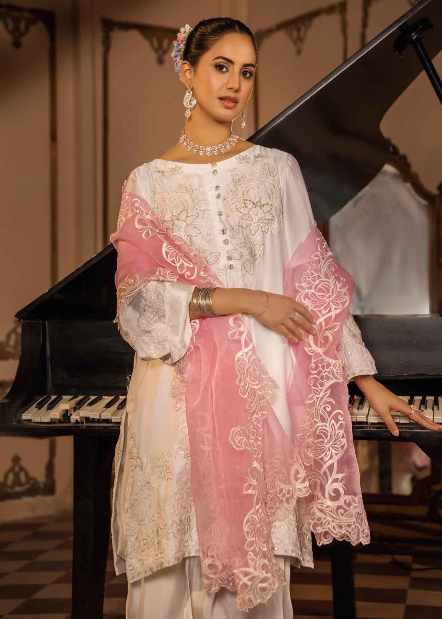 silk Kurta Set in Blush pink, ivory