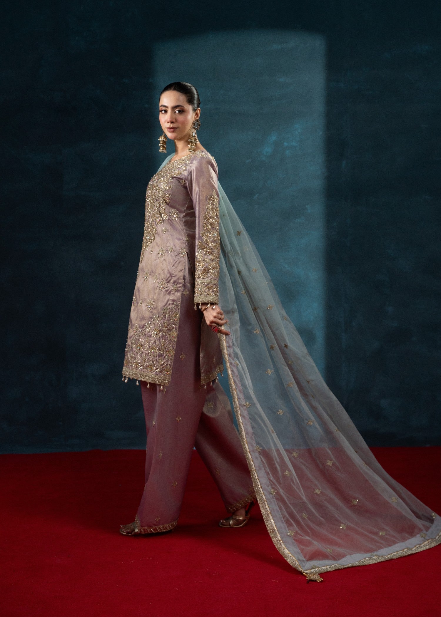 tissue silk Kurta Set in Mauve pink