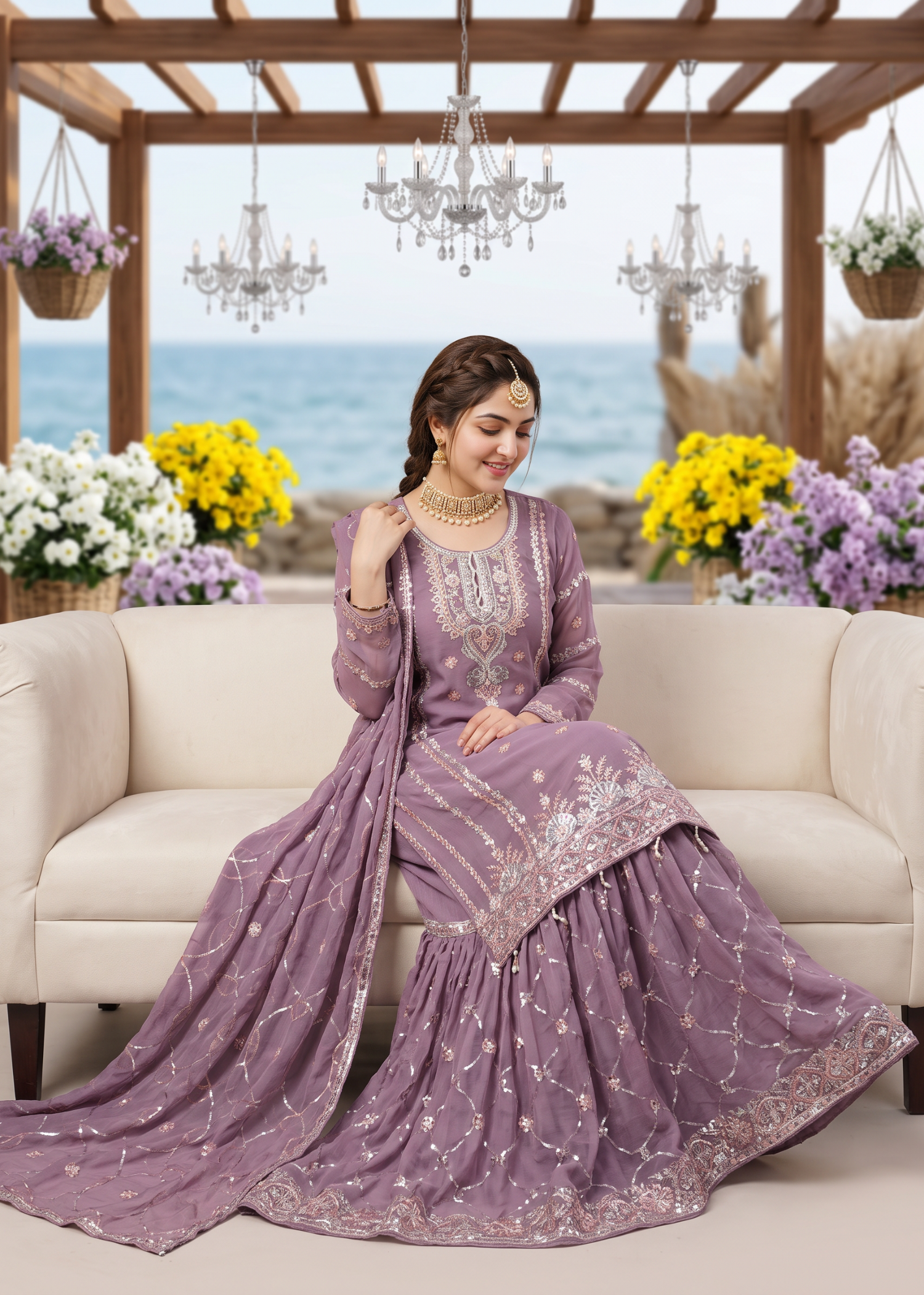chiffon Gharara in Heathered lilac