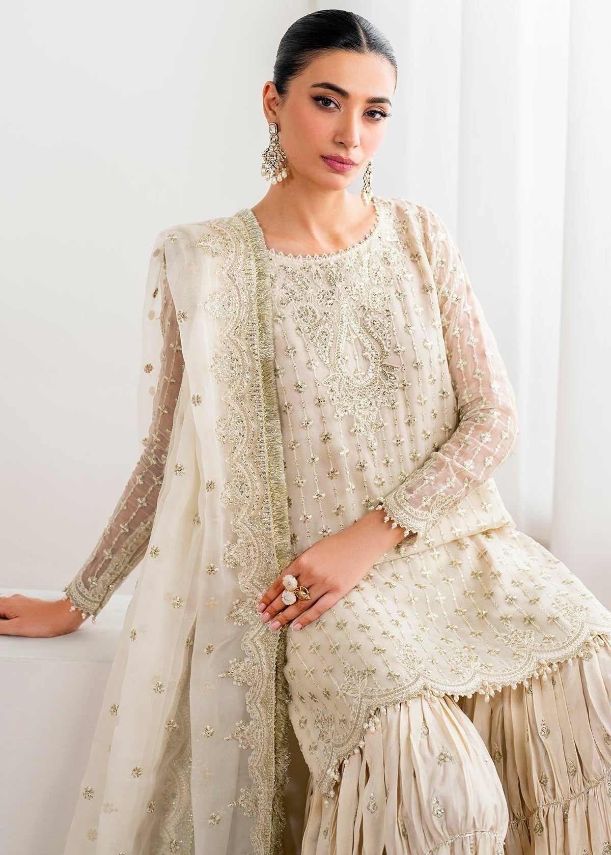 chiffon Gharara in Pearl white