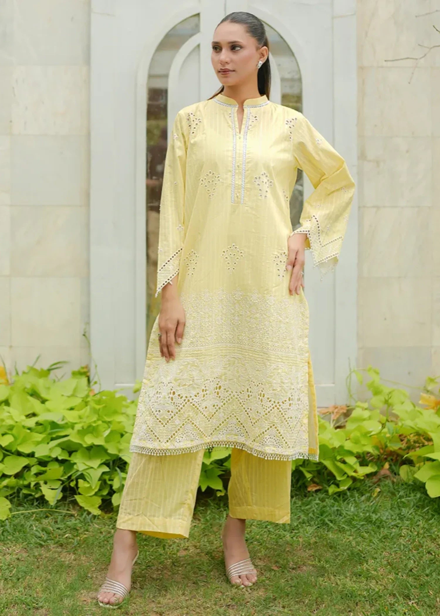 textured lawn Kurta Set in Yellow