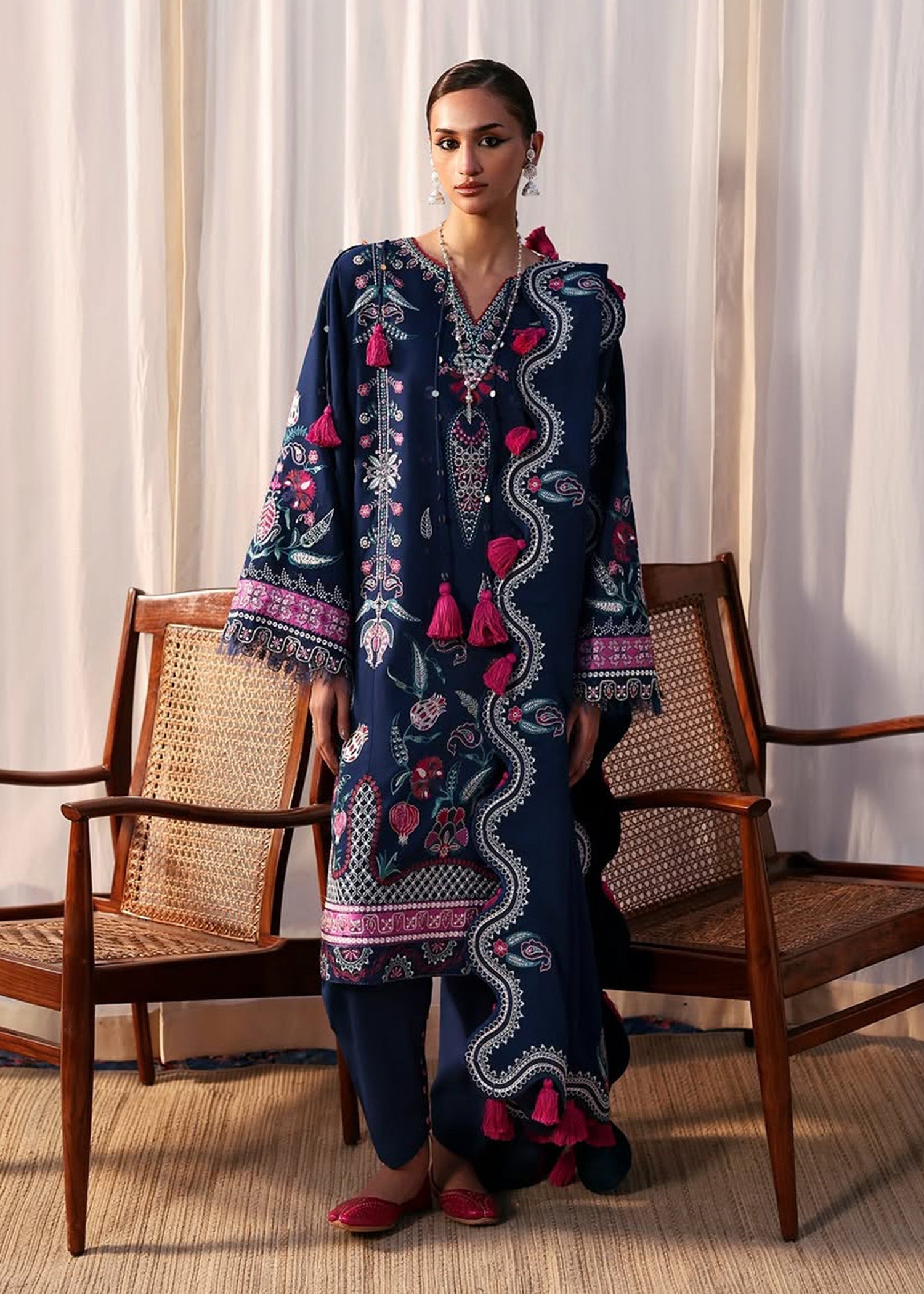 khaddar Unstitched in Navy blue