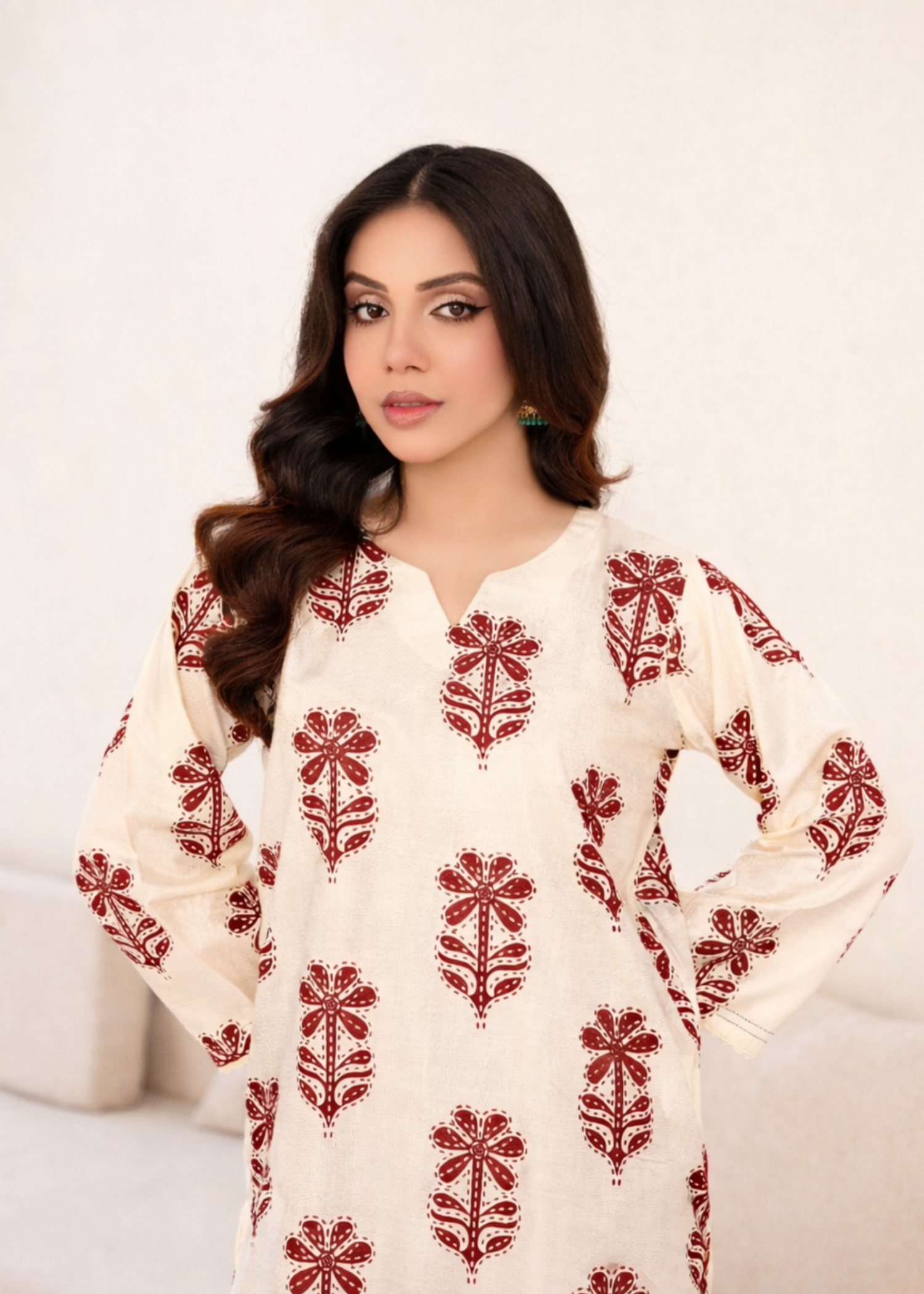 linen Kurta Set in Maroon, cream