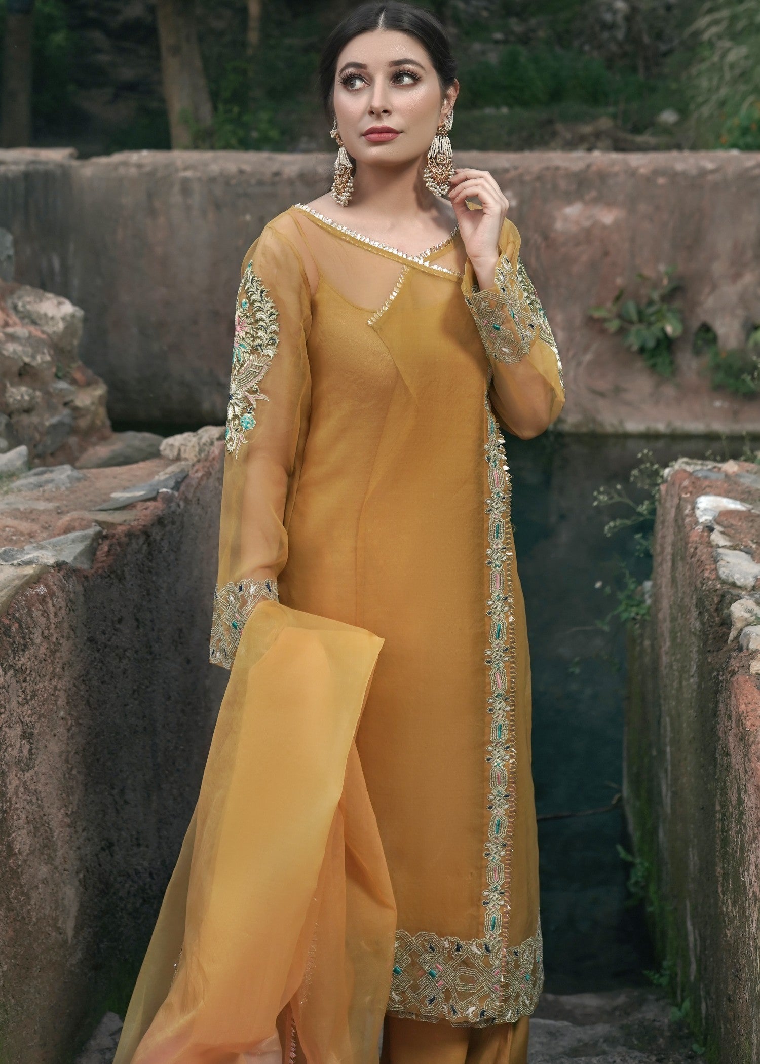 organza Angrakha in Mustard