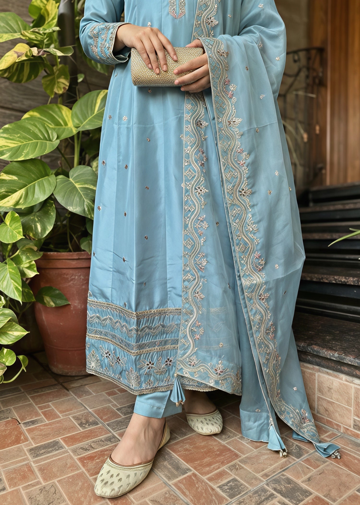silk Pishwas in Ice blue