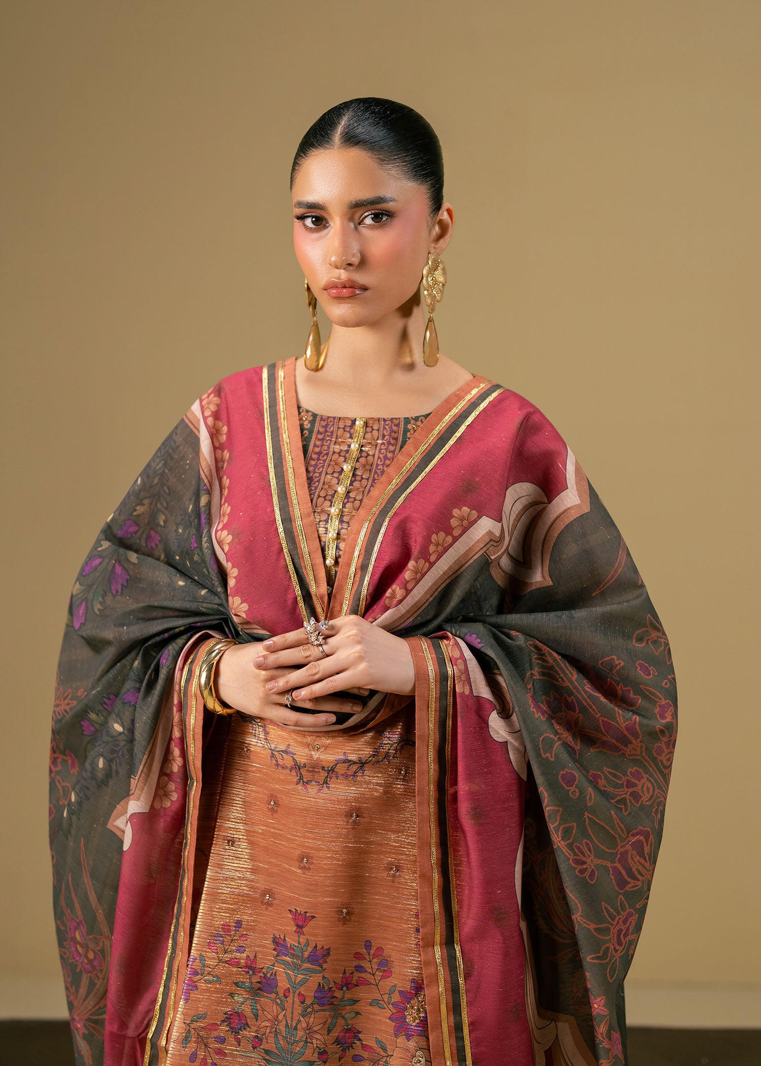 zari net Kurta Set in Rust orange