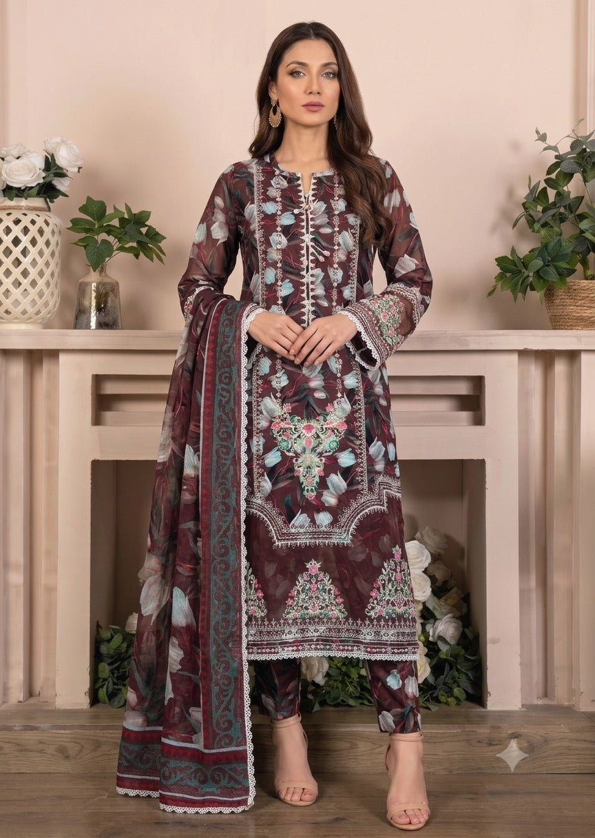 lawn cotton Kurta Set in Wine