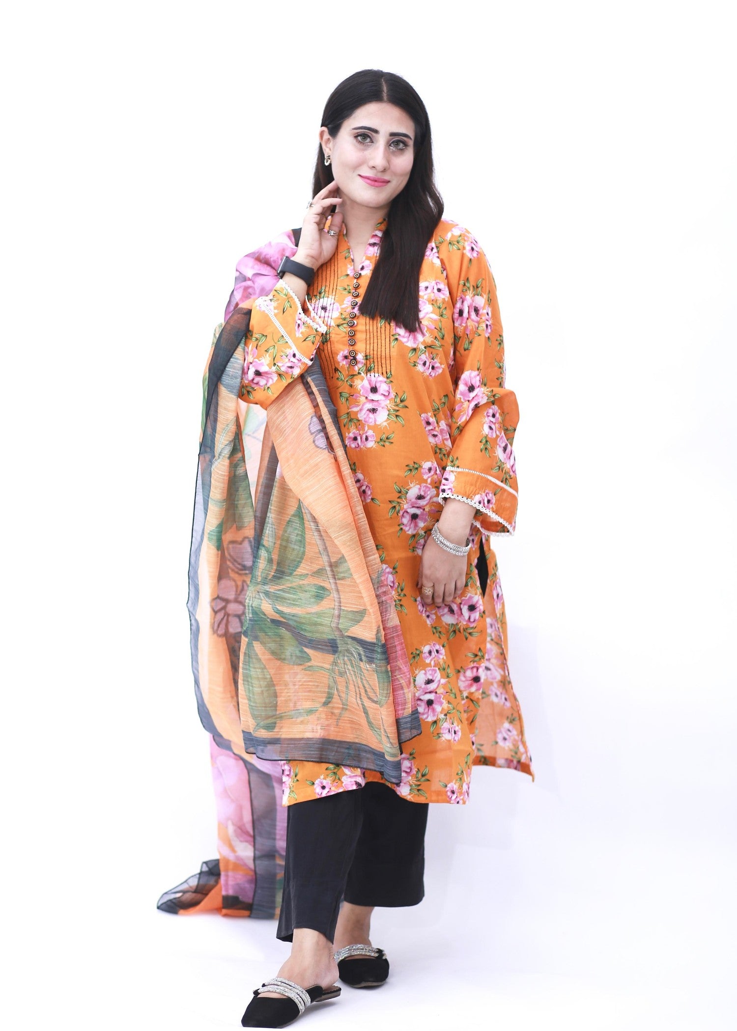 lawn Kurta Set in Mandarin orange