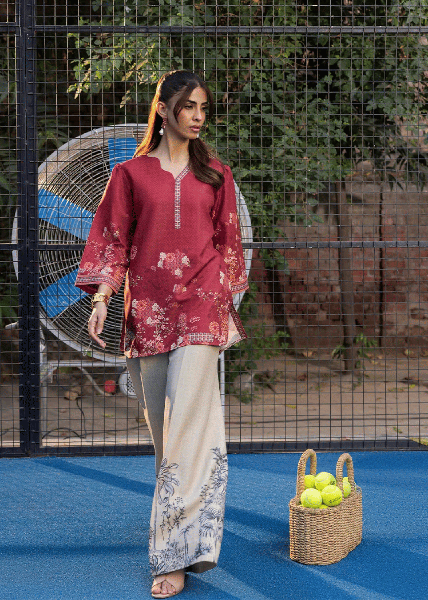 arabic lawn Kurta Set in Beige, flame