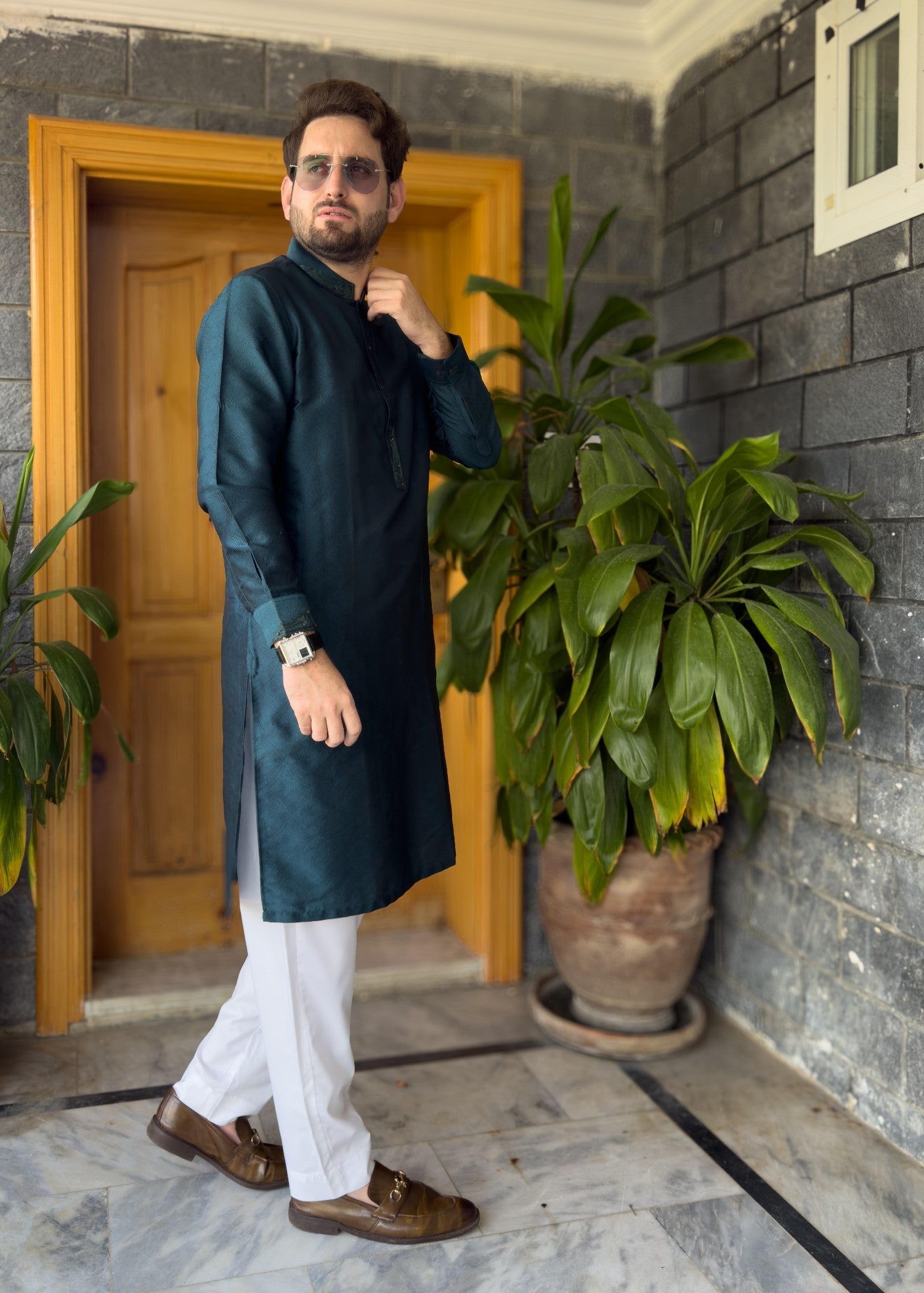traditional jamawar Kurta in Teal