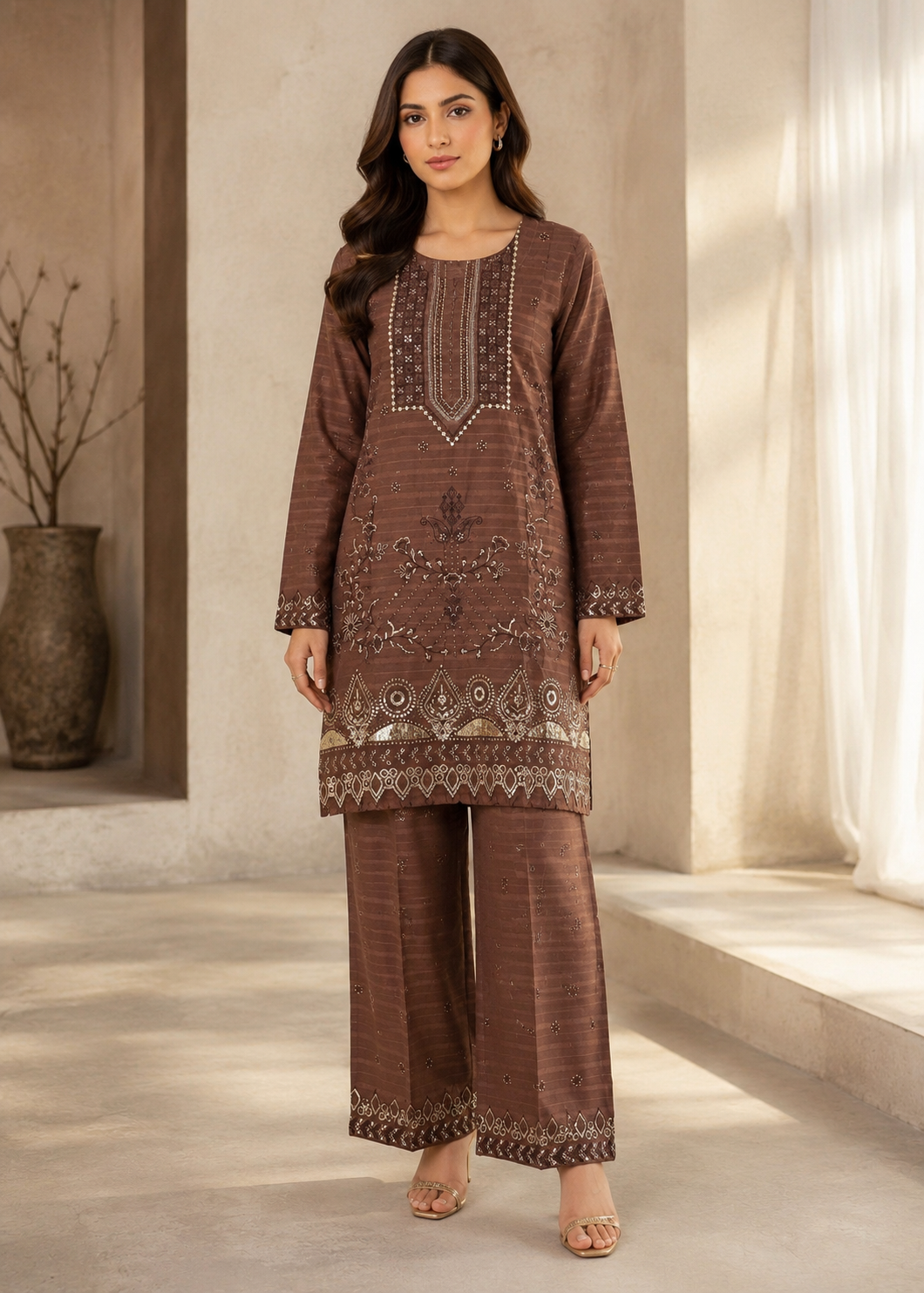 lawn Kurta Set in Brown