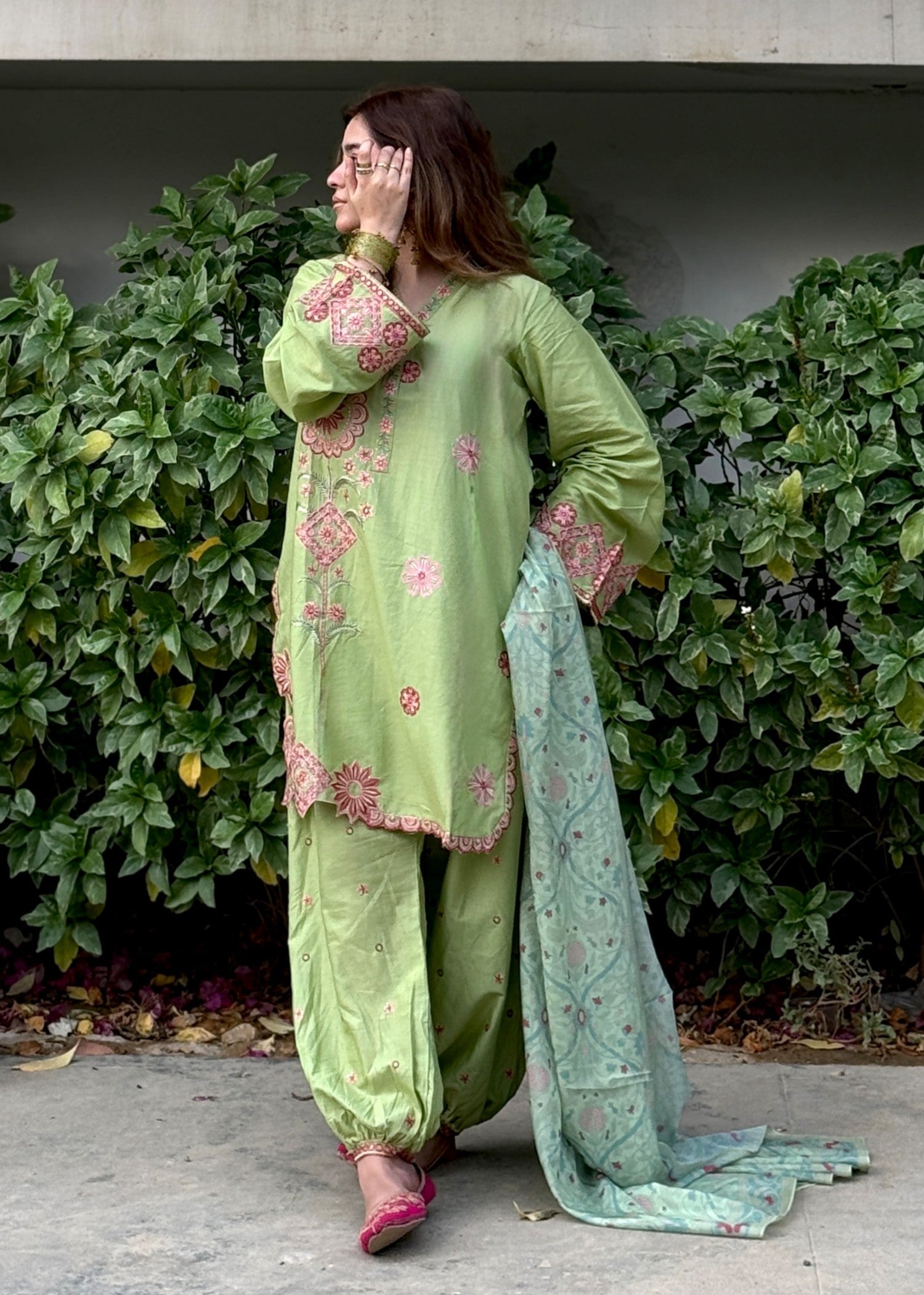 lawn Kurta Set in Lime green