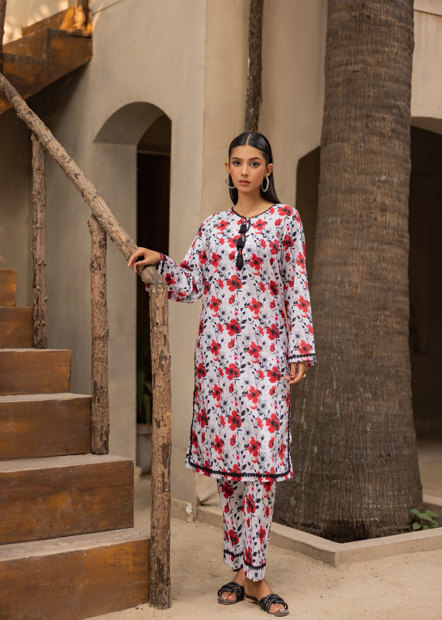 lawn Co Ord Sets in Charcoal black, white, red