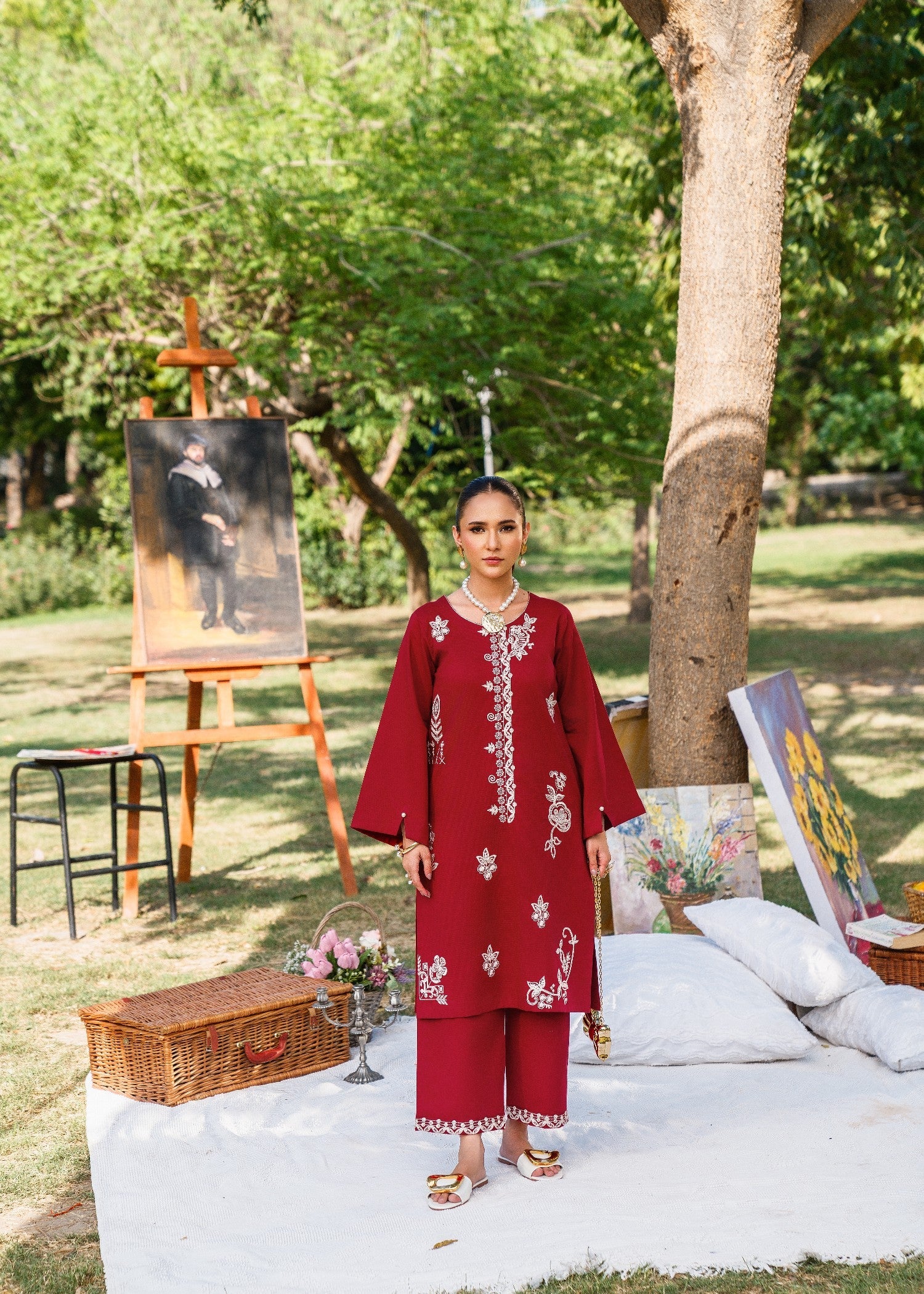 textured lawn Kurta Set in Carmine