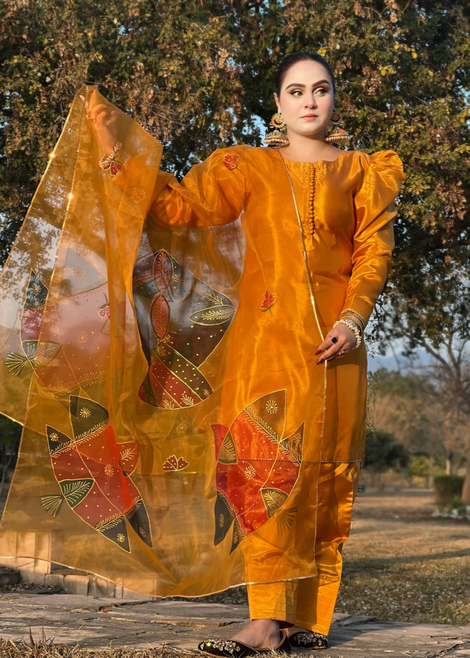 silk Kurta Set in Carrot orange