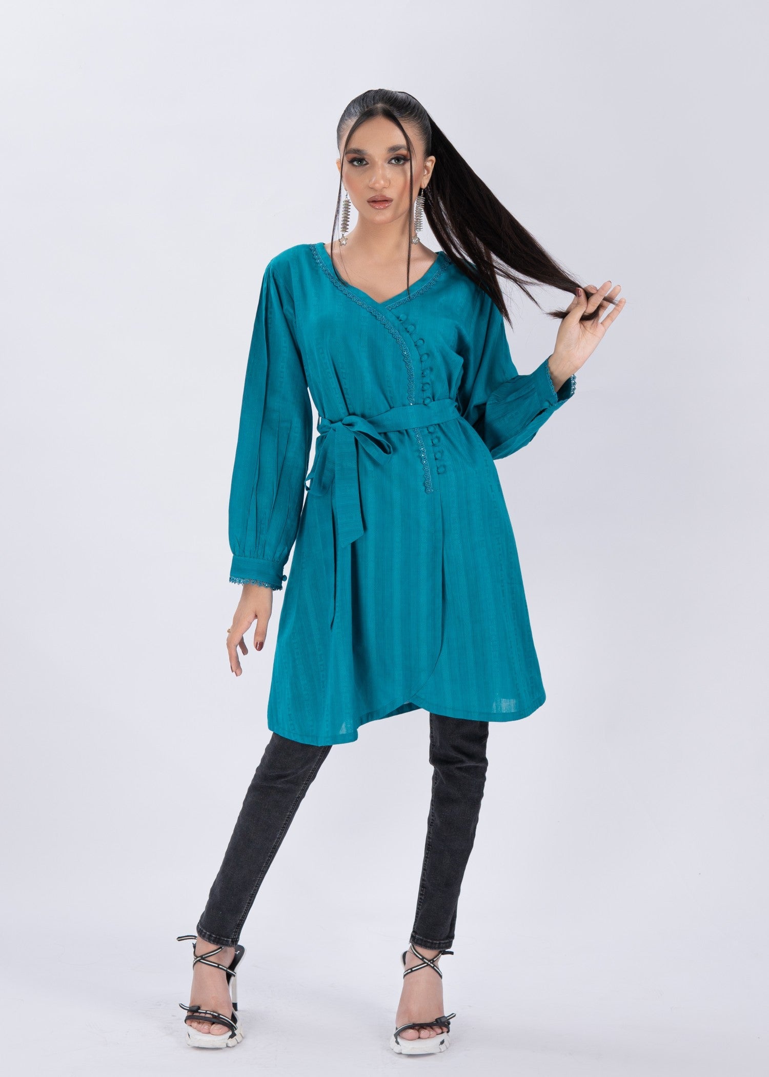 textured lawn Tunic in Bondi blue