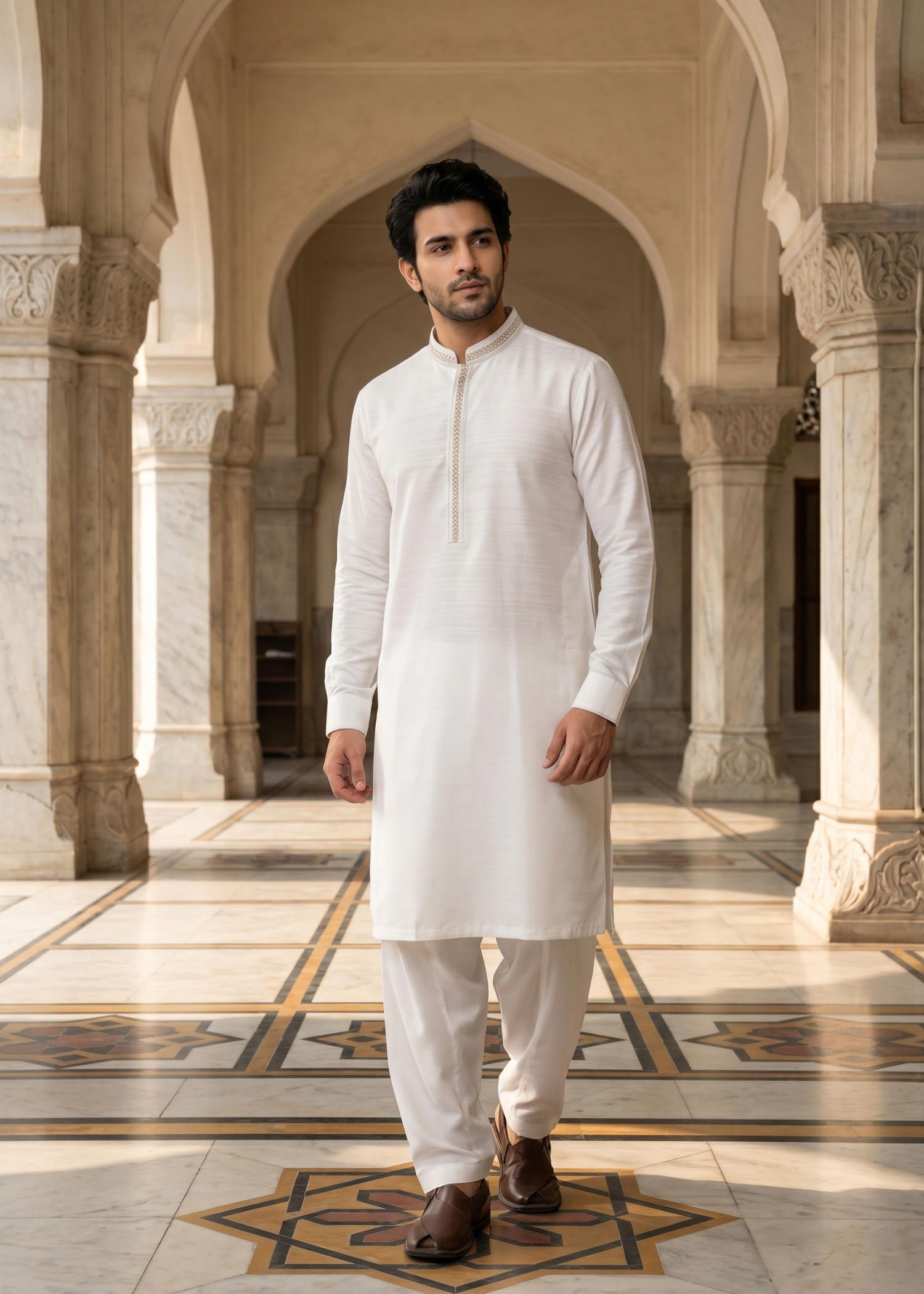 textured wash & wear Shalwar Kameez in Off-white by Real Image Clothing