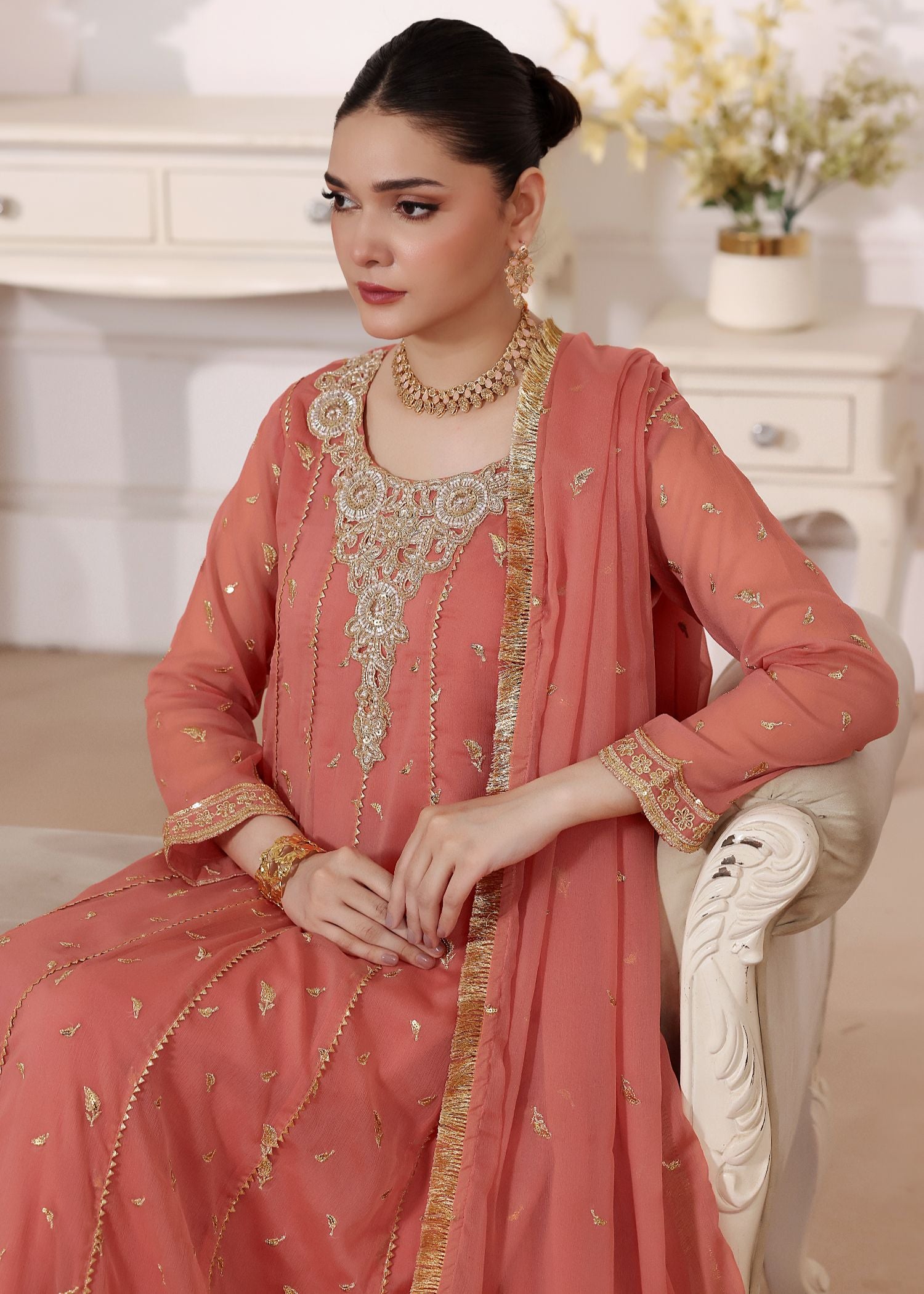 chiffon Pishwas in Peach orange