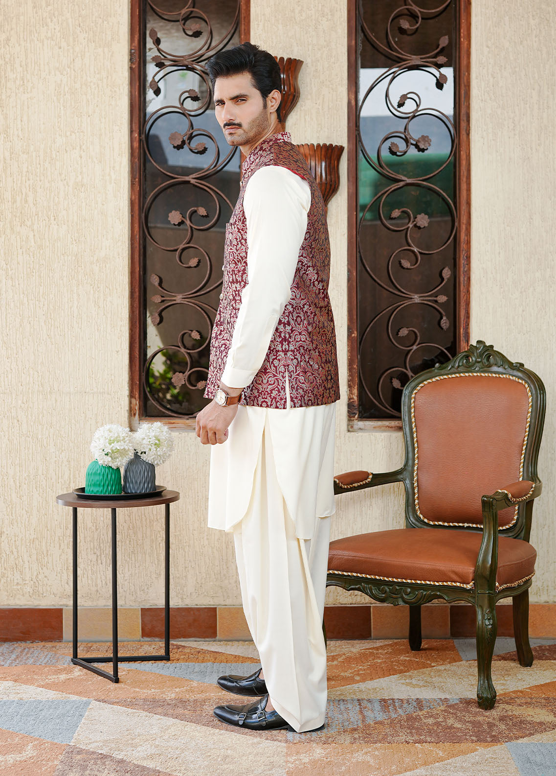 traditional jamawar Waistcoat in Cardinal red