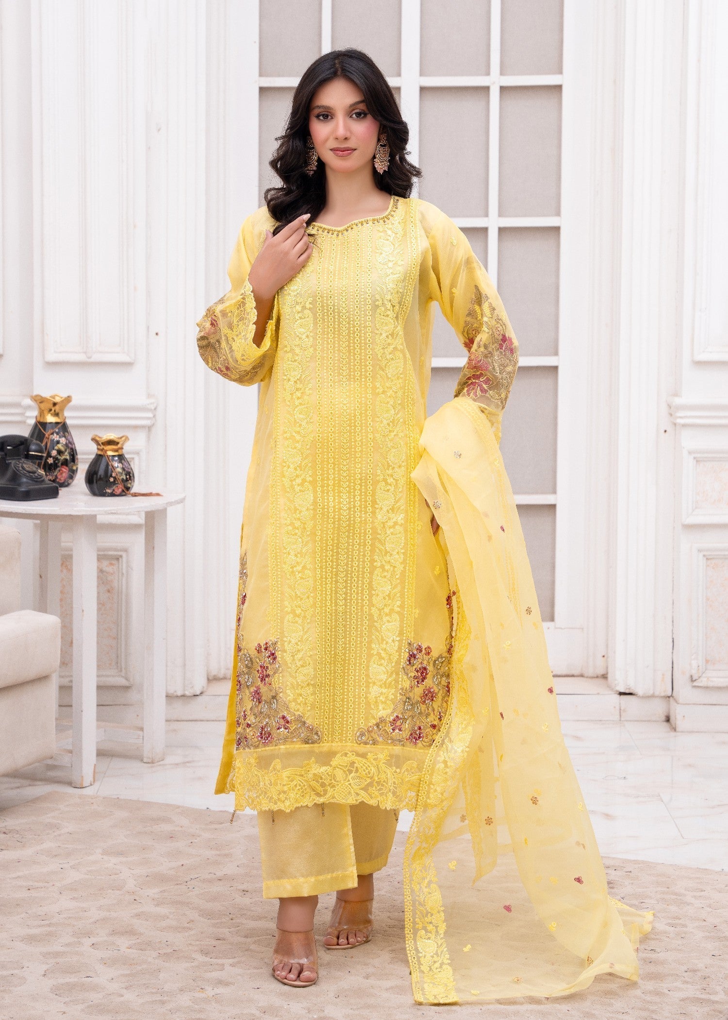 organza Kurta Set in Lemon