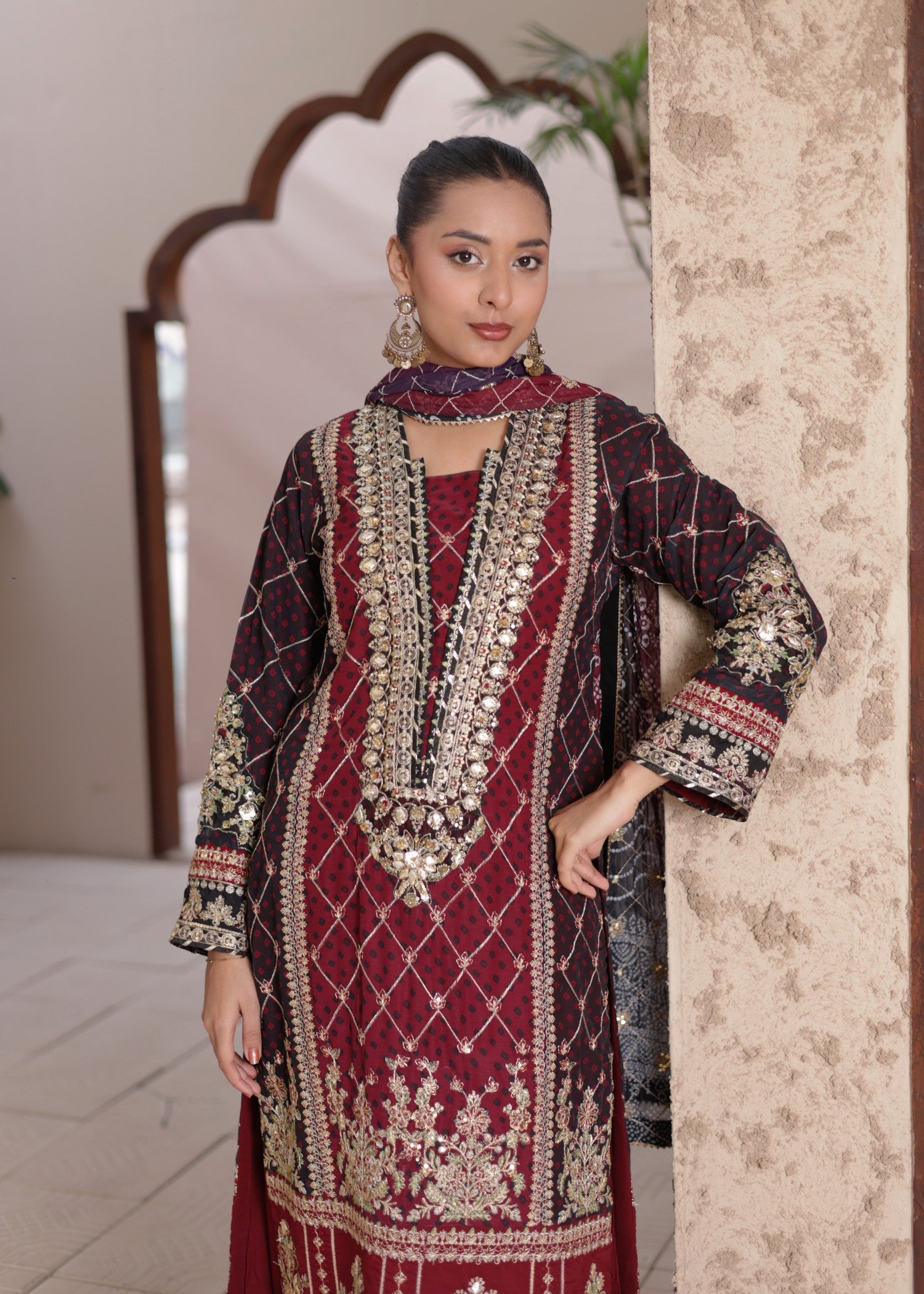 bemberg crinkle chiffon Kurta Set in Maroon