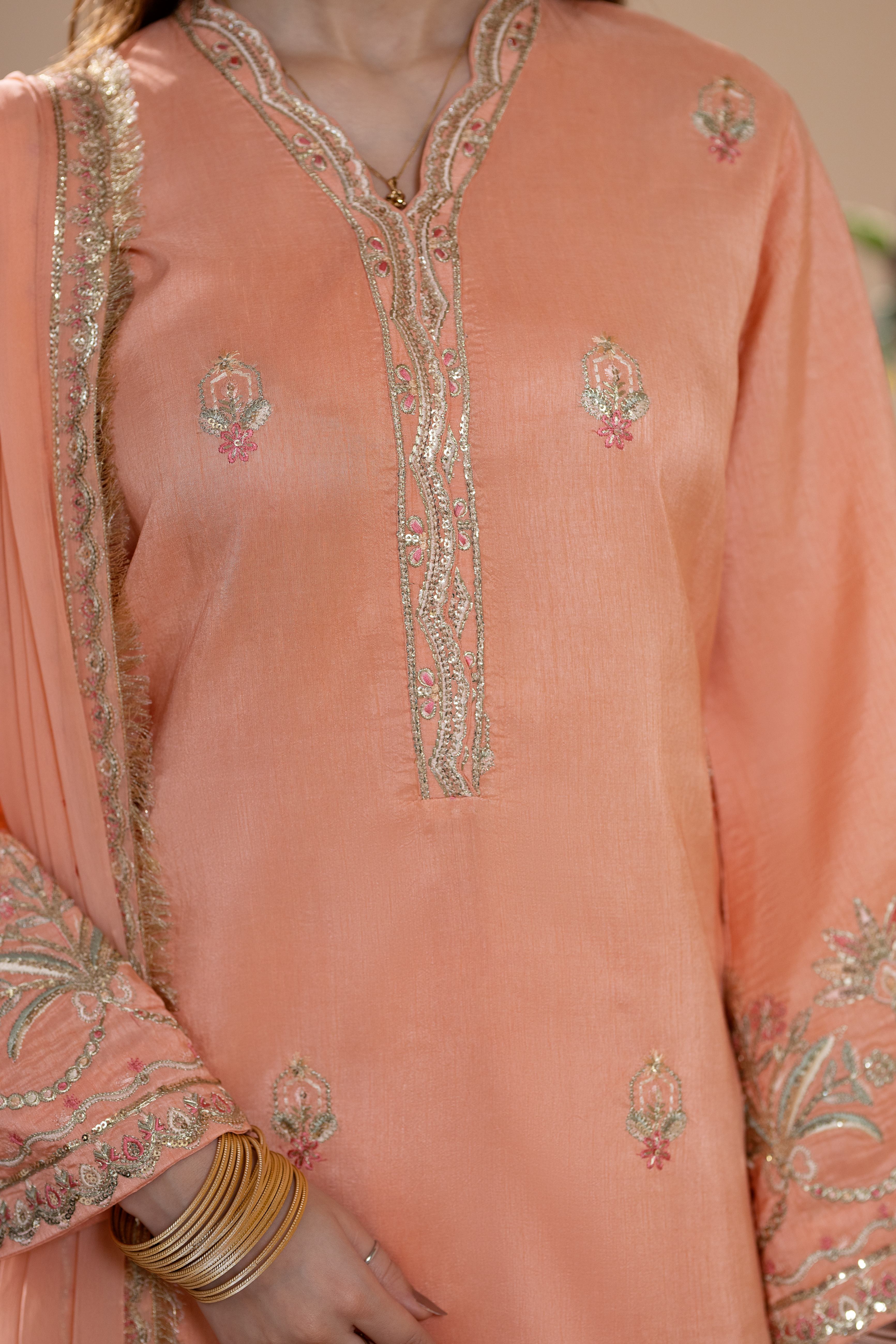 korean raw silk Kurta Set in Apricot orange
