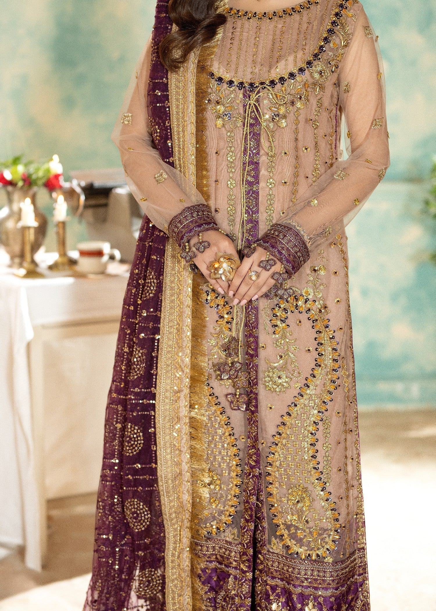 net Kurta Set in Peach pink