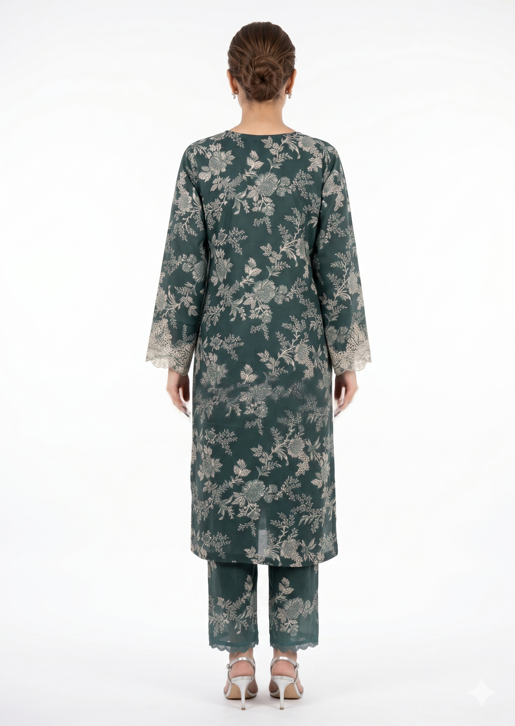 poly lawn Kurta Set in Forest green, off-white