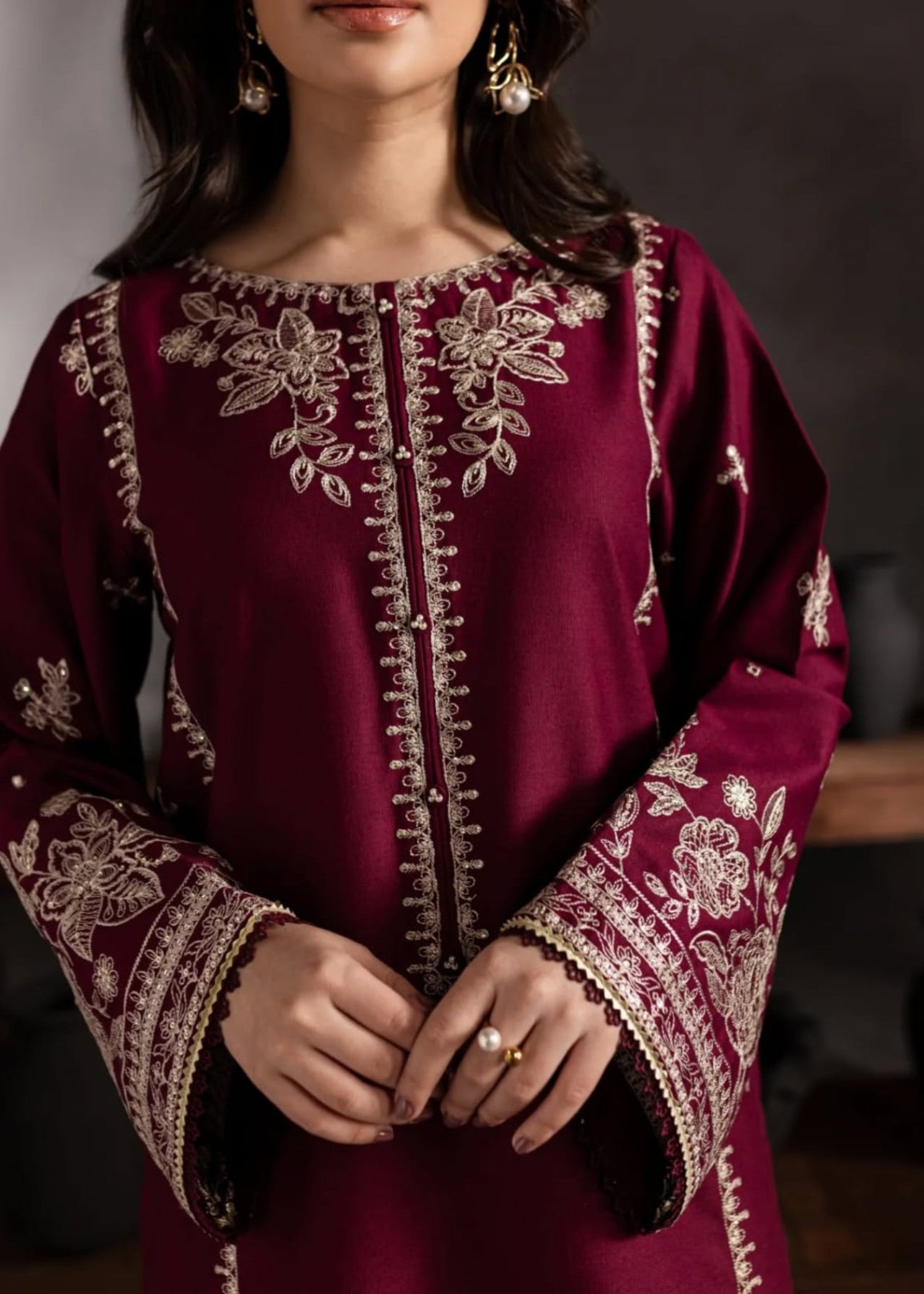 lawn Kurta Set in Maroon