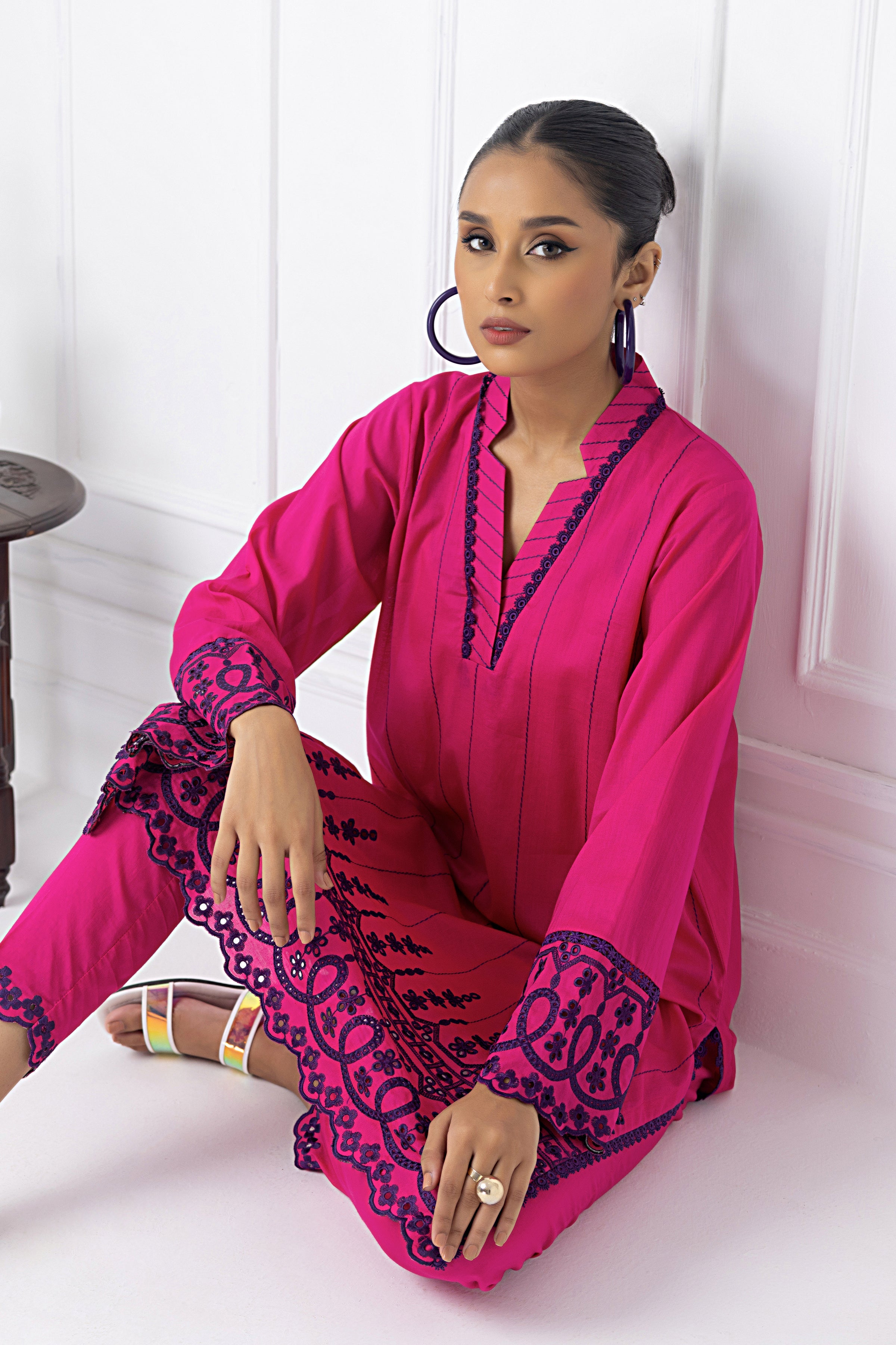 cambric Kurta Set in Magenta
