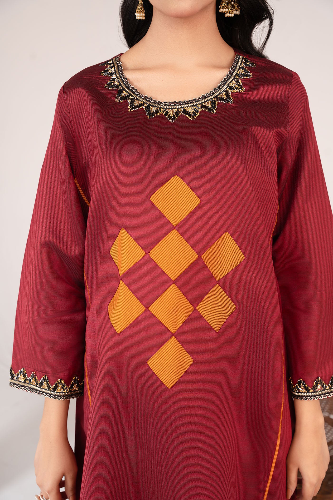 khaddi net Short Frock in Maroon