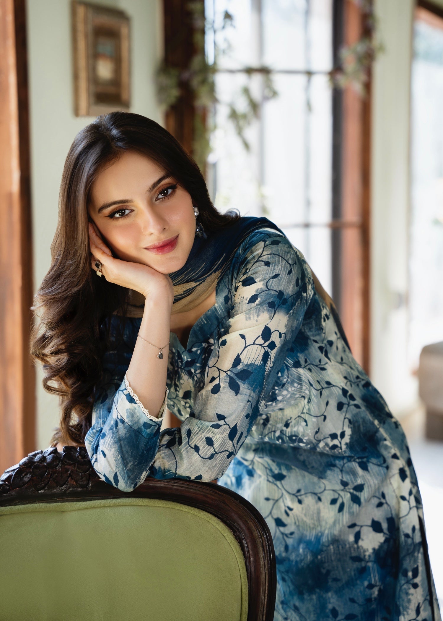 lawn Sharara in Antique white, powder blue