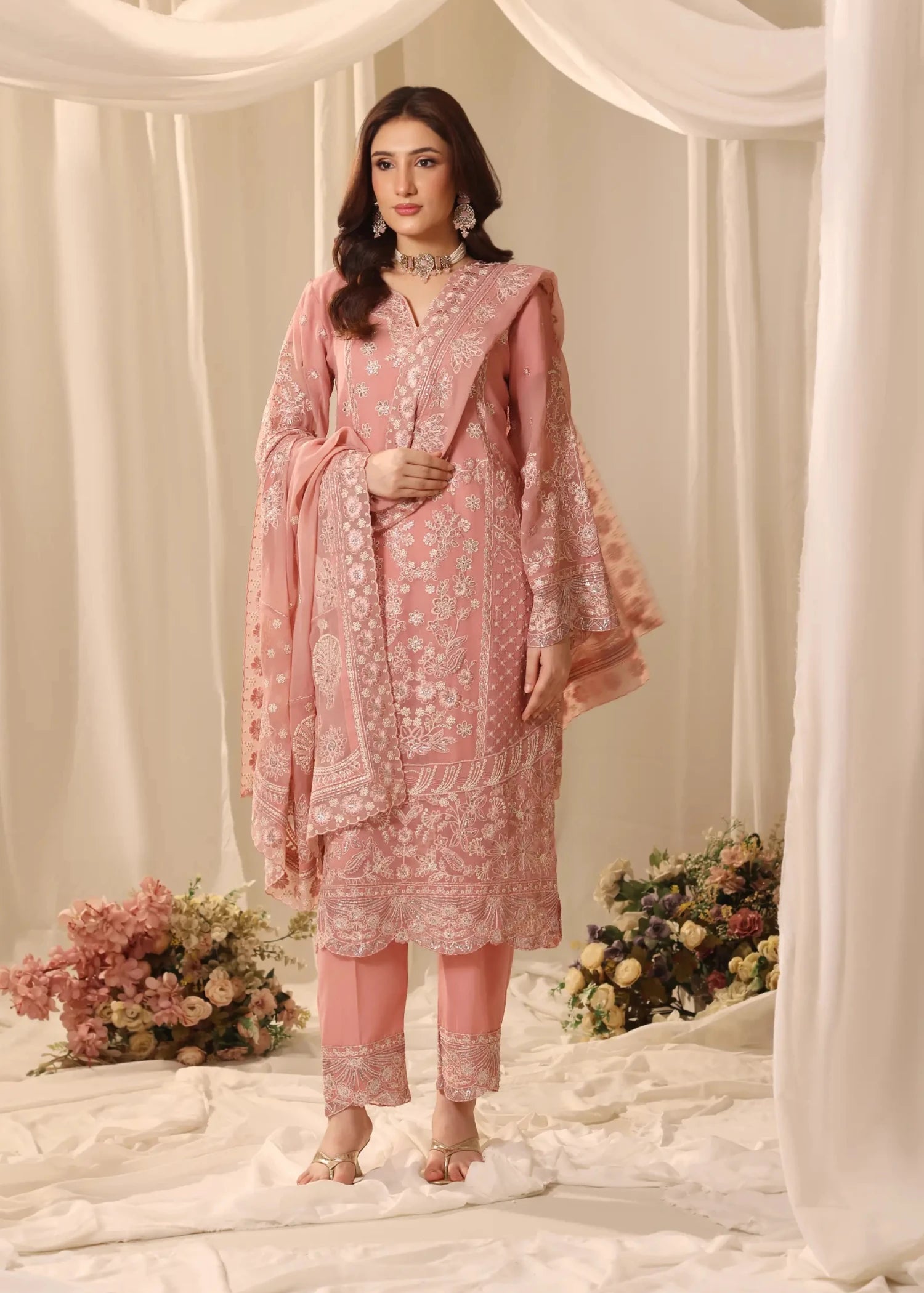 chiffon Kurta Set in Tea rose pink