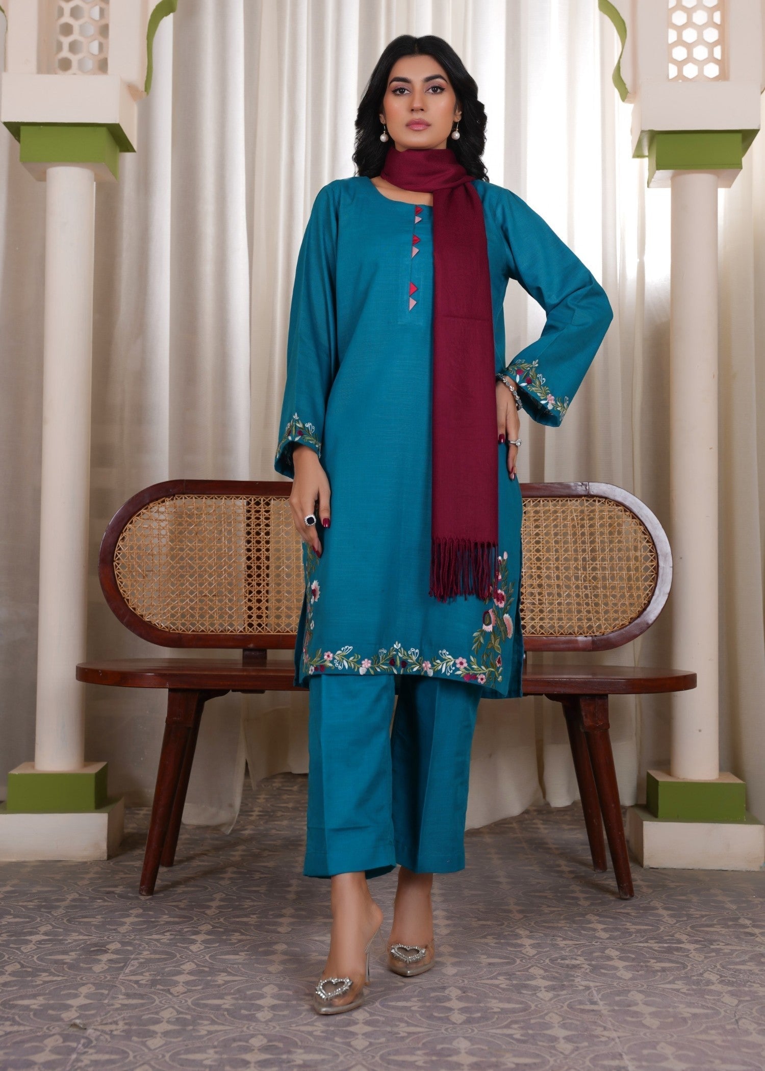khaddar Kurta Set in Teal