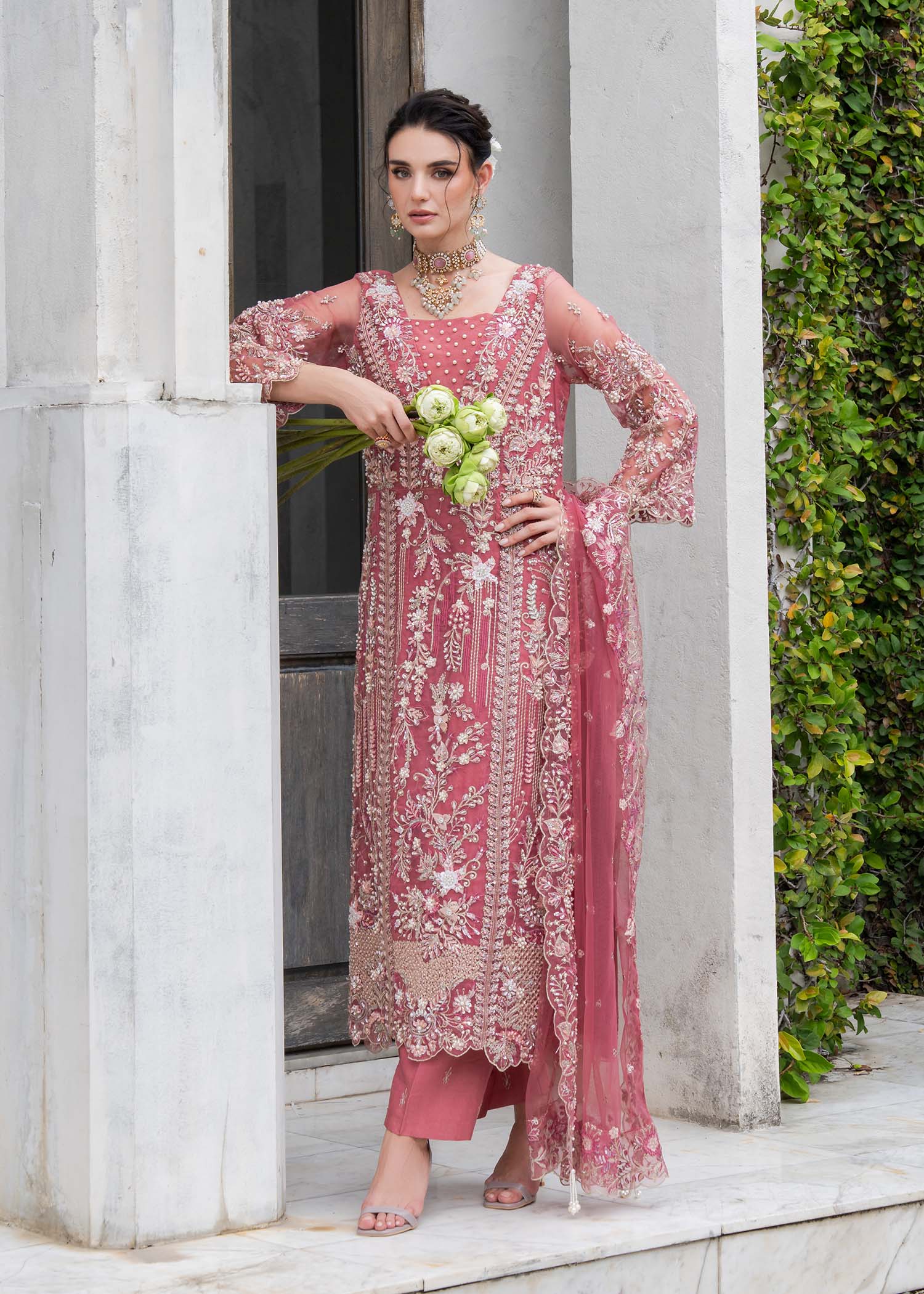 organza Kurta Set in Tea rose pink